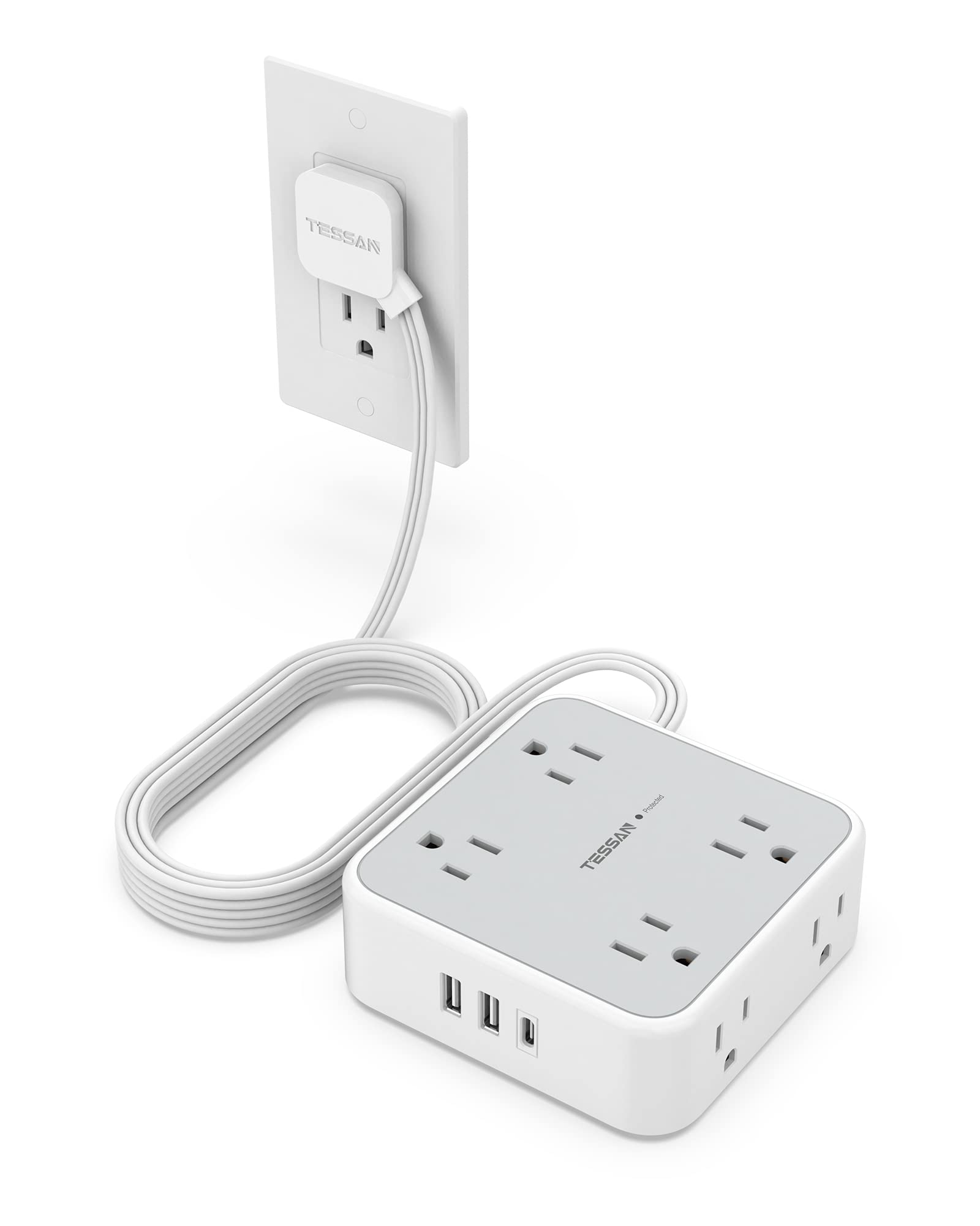 Power Strip Surge Protector 10 Ft Cord, 8 AC Outlets, 3 USB Charger(1 USB C Port), TESSAN Ultra Thin Extension Cord, Flat Plug, 900 Joules Protection, Desk Charging Station for Home, Office