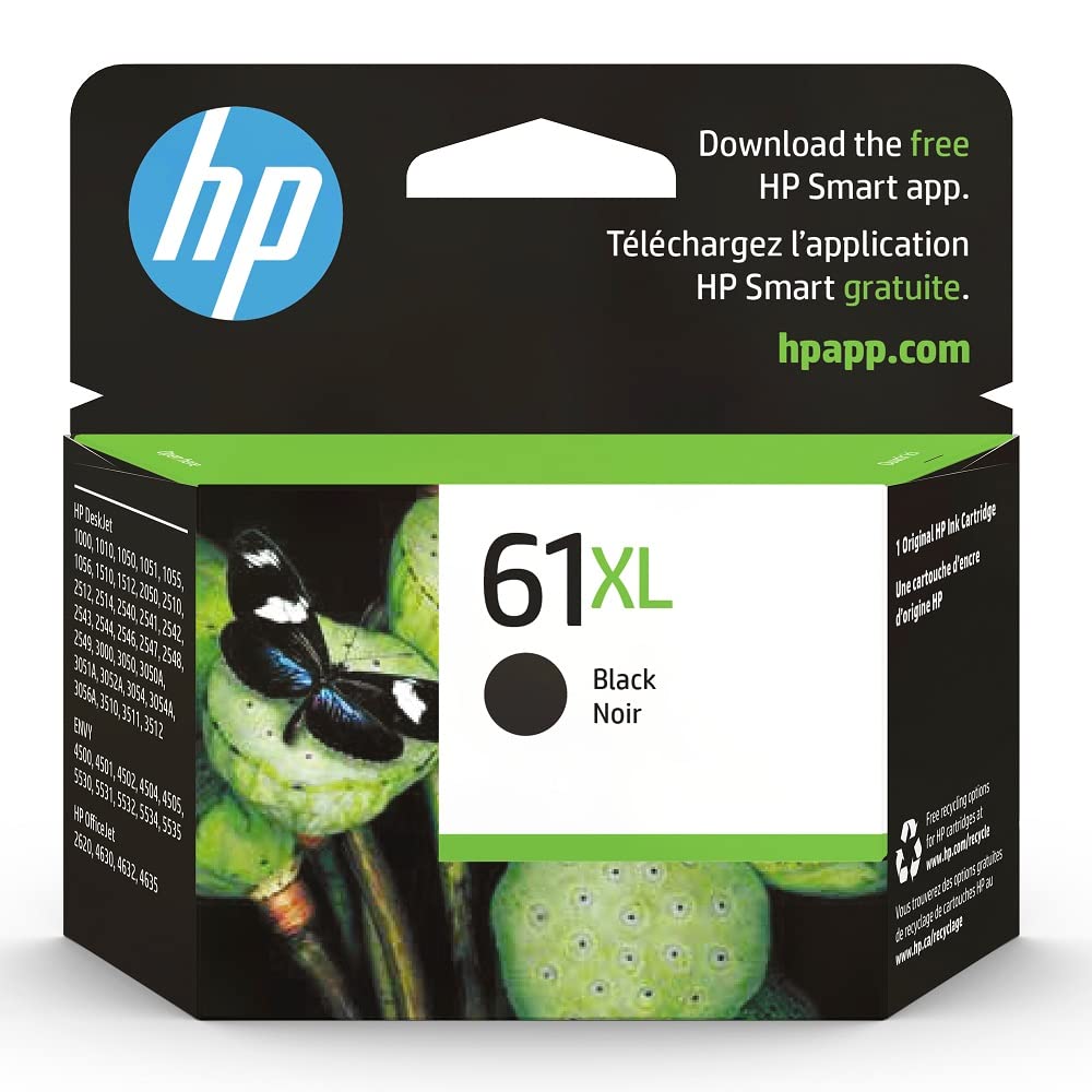 HP 61XL Black High-yield Ink | Works with Series: DeskJet 1000, 1010, 1050, 1510, 2050, 2510, 2540, 3000, 3050, 3510; ENVY 4500, 5530; OfficeJet 2620, 4630 | Eligible for Instant Ink | CH563WN