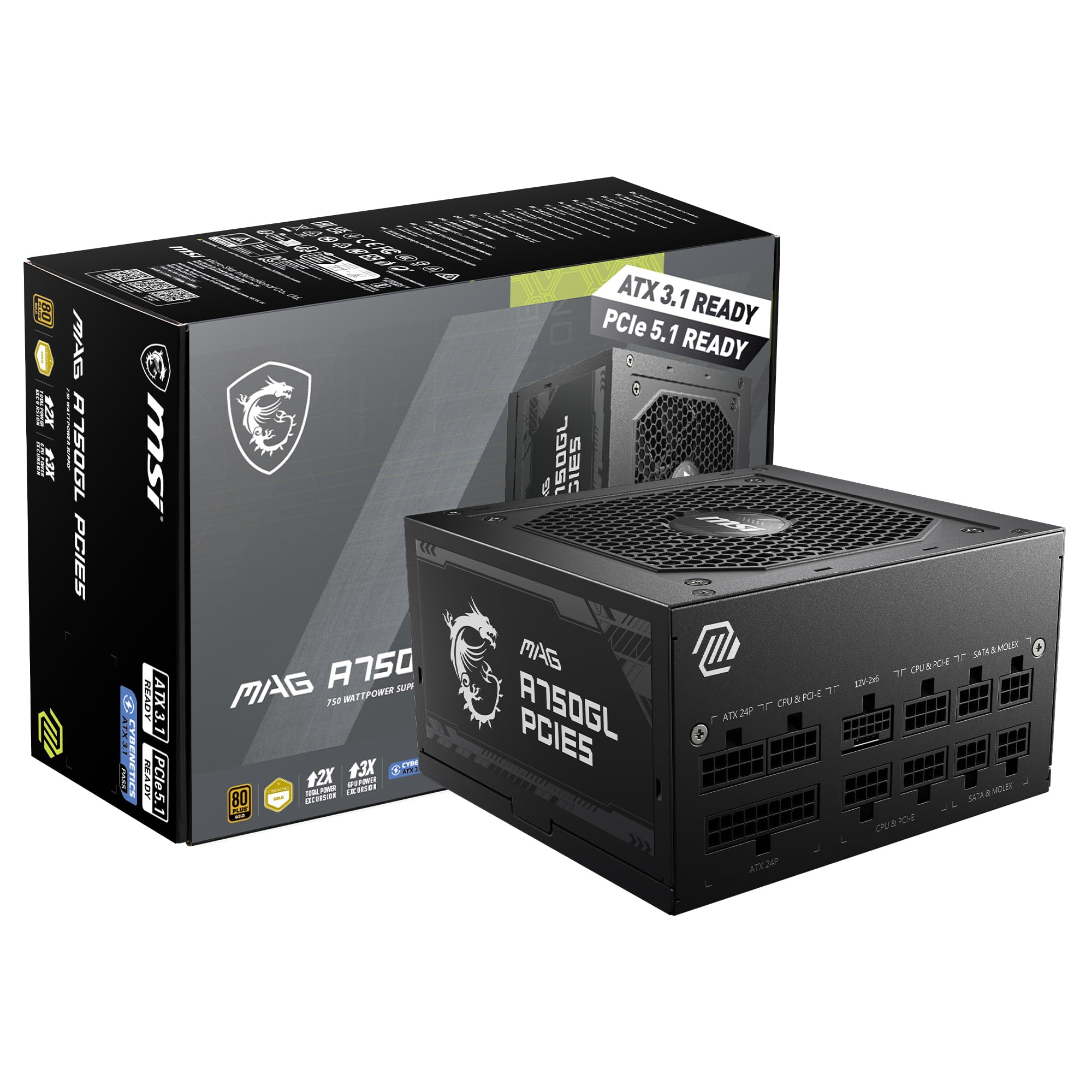 MSI MAG A750GL PCIE 5.1 & ATX 3.1 Gaming Power Supply - Full Modular - 80 Plus Gold Certified 750W - Compact Size - ATX PSU - 10 Year Warranty