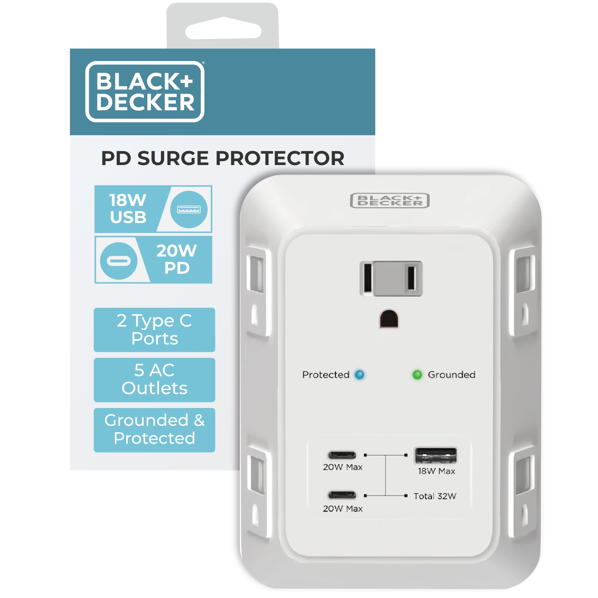 BLACK+DECKER PD USB Wall Charger Surge Protector, 5 Outlet Extender w/ 2 USB C PD & 1 USBA Charging Ports, Fast Charge 3 Sided Power Strip Multi Plug Outlets Wall Adapter for Home Office, ETL Listed