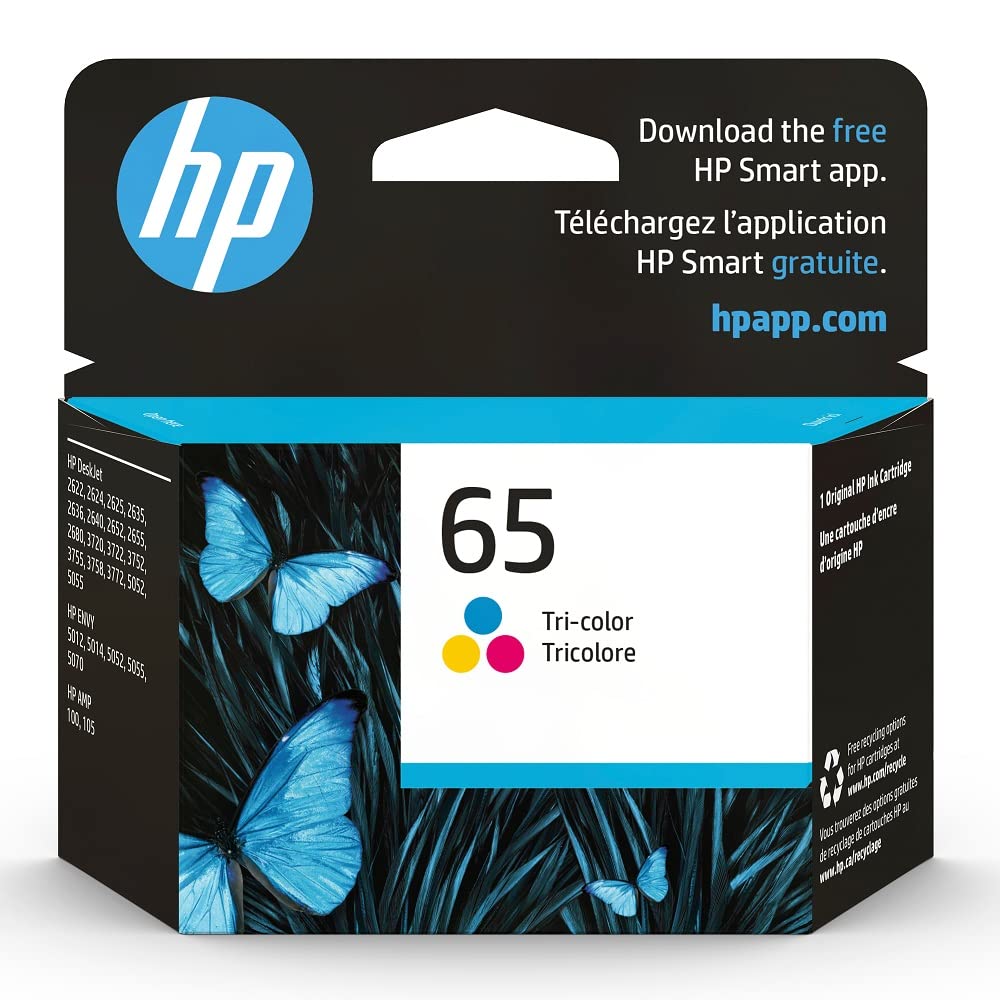HP 65 Tri-color Ink Cartridge for HP Printers | Works with Printer Series: AMP 100, DeskJet 2600, 3700; ENVY 5000 | Eligible for Instant Ink | N9K01AN