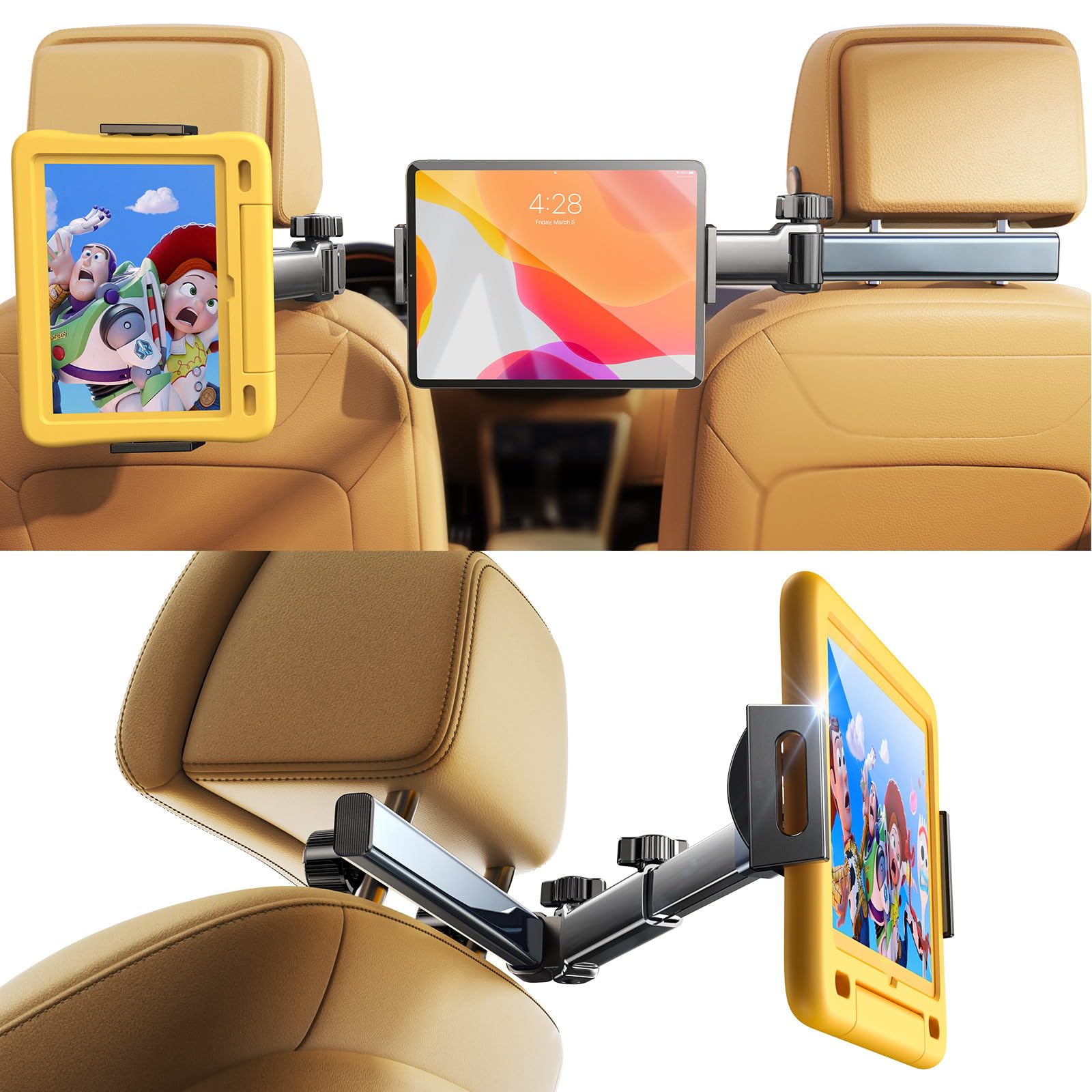 LISEN for iPad Holder Car Mount Road Trip Essentials Activities for Kids Car Accessories Women Interior, 3 in 1 Tablet Holder Backseat Camping Car Organizer Back Seat Headrest iPad Mount