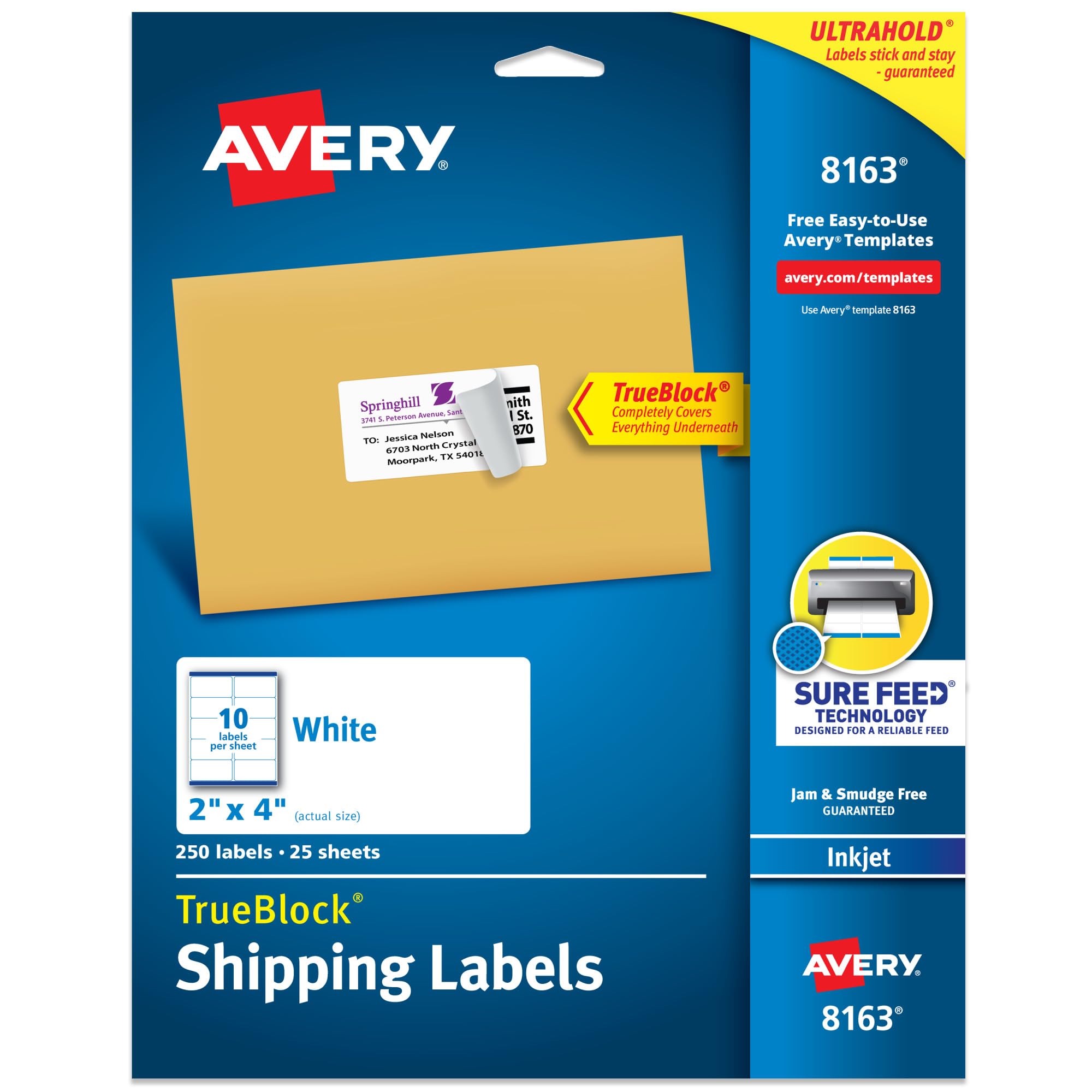 Avery Shipping Labels with TrueBlock Technology, 2 Inch x 4 Inch, White, 250 Labels (8163)