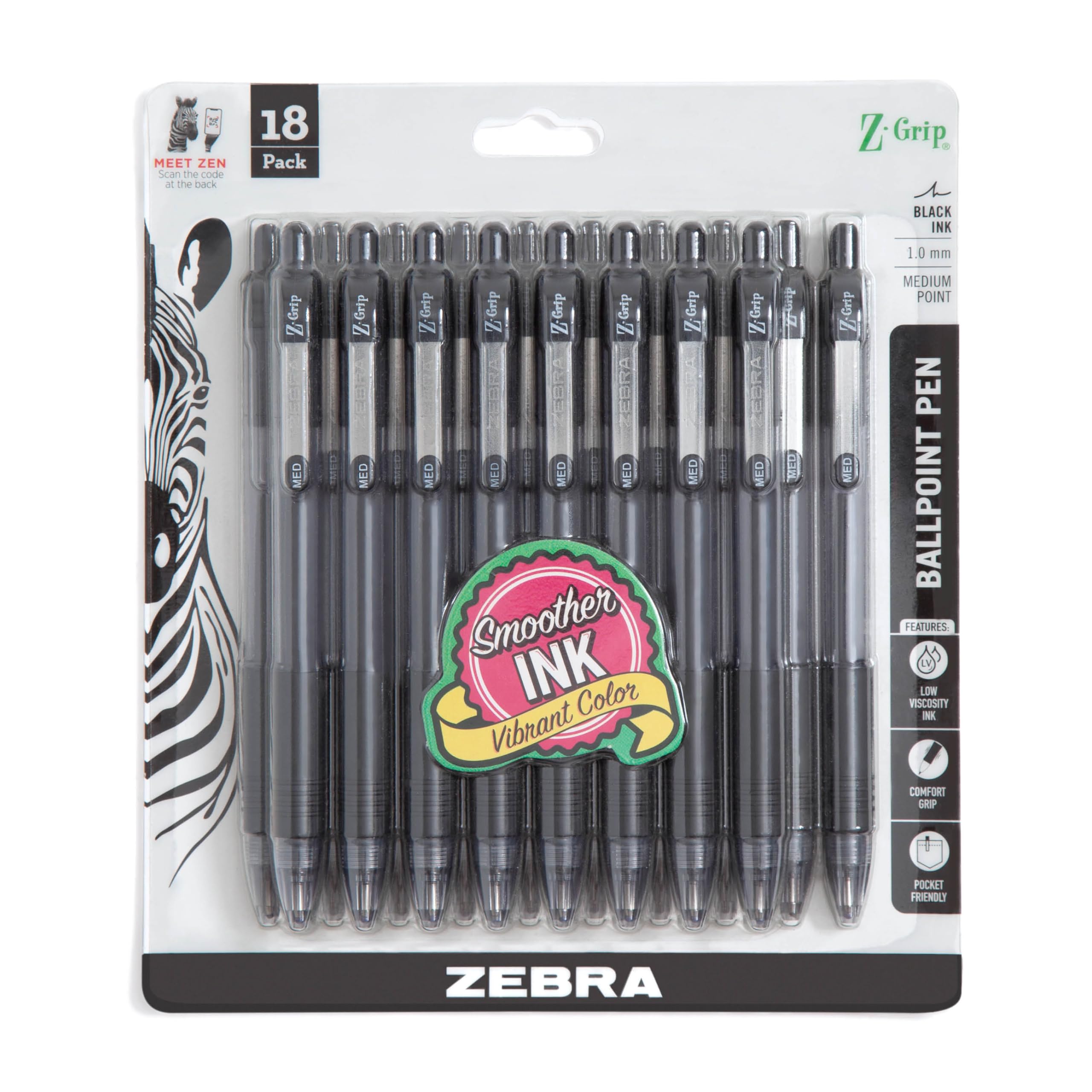 Zebra Pen Z-Grip Retractable Ballpoint Pen, Smooth-Flowing Black Ink, 1.0mm Medium Point, School Supplies, Teacher Supplies, and Office Supplies, 18-Pack (22218)