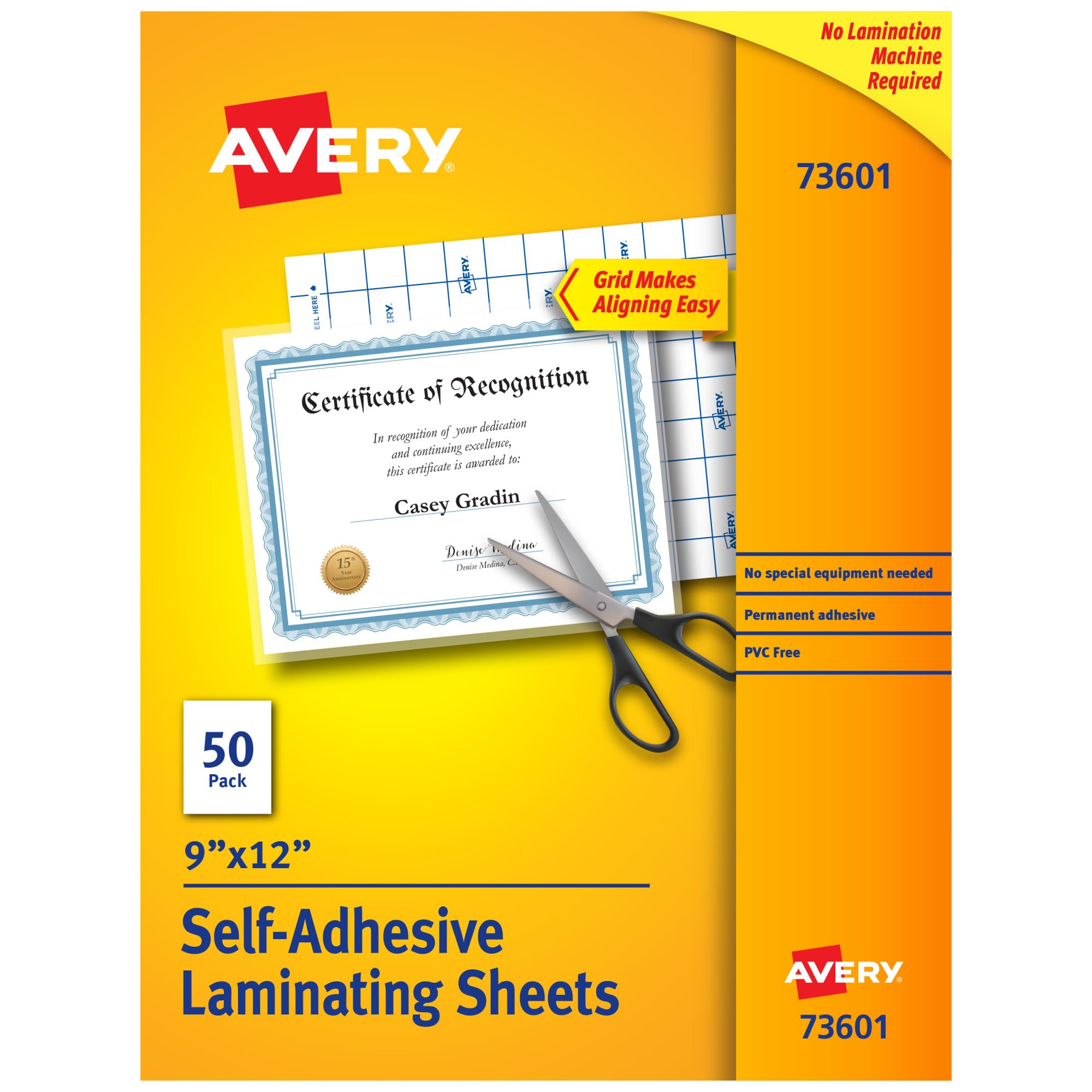 Avery Clear Laminating Sheets, 9" x 12", Permanent Self-Adhesive, 50 Self-Laminating Sheets, Great for Protecting Documents, Photos, and Signs More (73601)