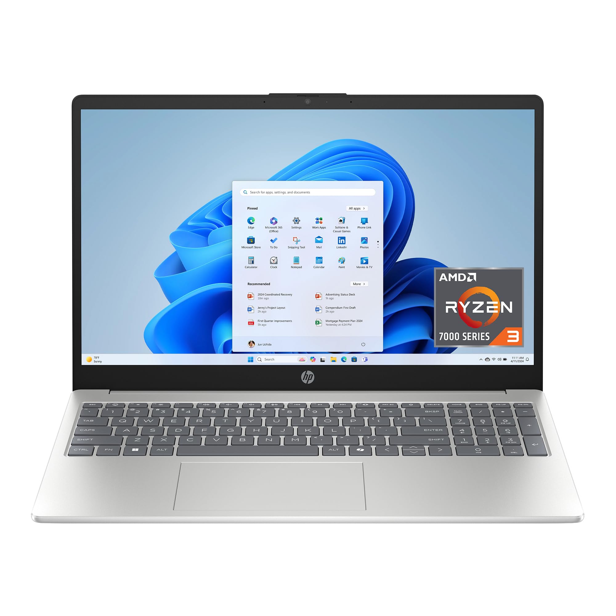 HP 15.6 inch Laptop, HD Touchscreen Display, AMD Ryzen 3 7320U, 8 GB RAM, 256 GB SSD, AMD Radeon Graphics, Windows 11 Home, Natural Silver, 15-fc0399nr