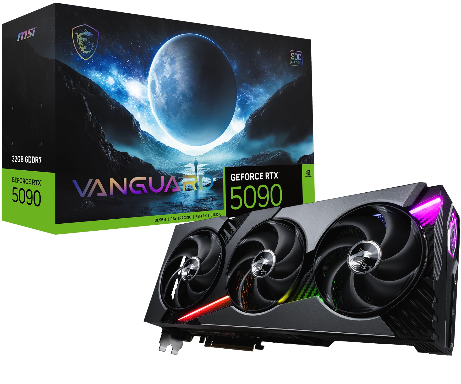 MSI Gaming RTX 5090 32G Vanguard SOC Graphics Card (32GB GDDR7, 512-bit, Extreme Performance: 2527 MHz, DisplayPort x3 2.1a, HDMI 2.1b, NVIDIA Blackwell Architecture)