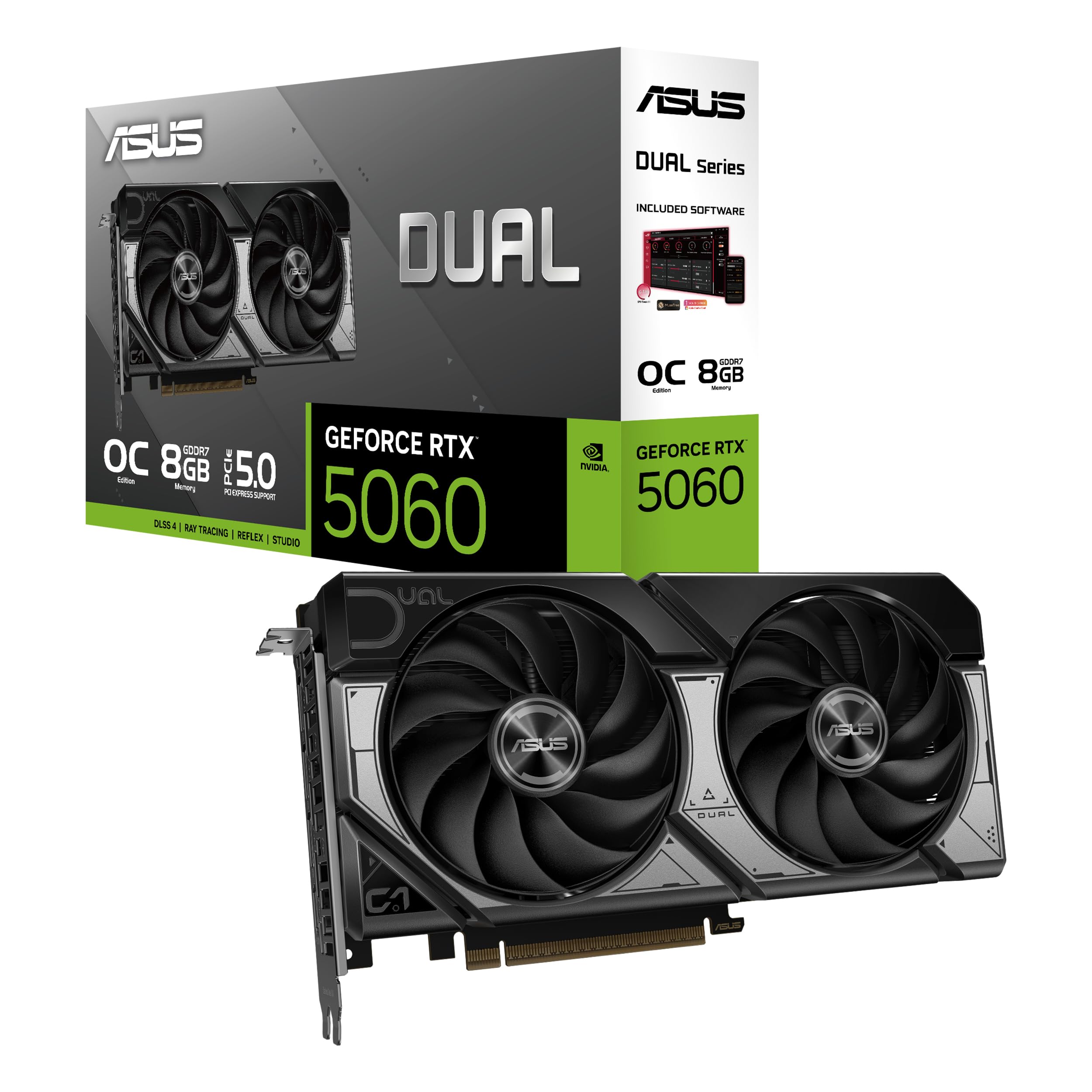 ASUS Dual GeForce RTX™ 5060 8GB GDDR7 OC Edition (PCIe 5.0, 8GB GDDR7, DLSS 4, HDMI 2.1b, DisplayPort 2.1b, 2.5-Slot Design, Axial-tech Fan Design, 0dB Technology, and More)