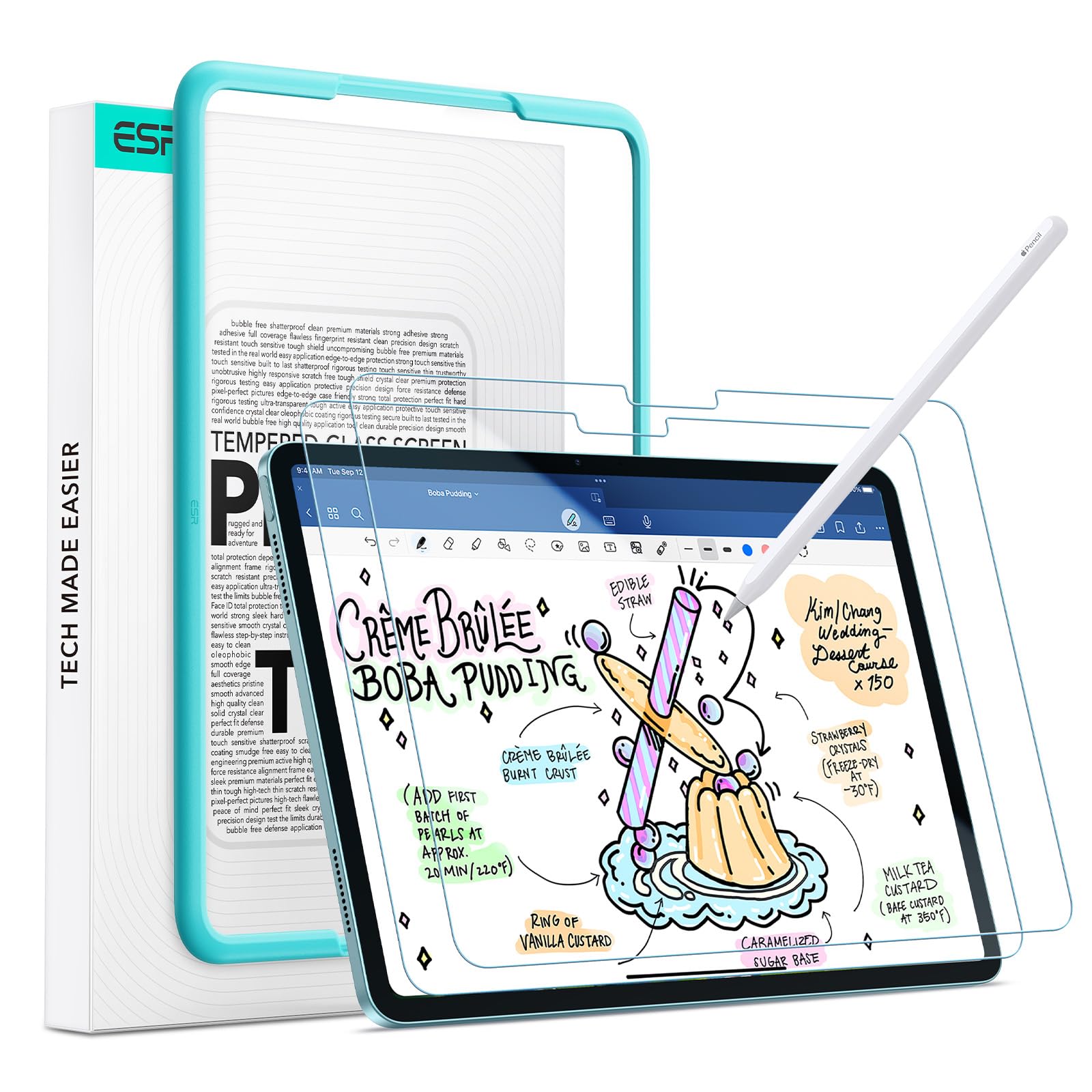 ESR 2 Pack Paper-Feel Screen Protectors for iPad Air 11 Inch M3/M2 (7th/6th Generation, 2025/2024), Write and Draw Like on Paper, 9H Tempered Glass, Matte Writing Film with Alignment Frame, Anti-Glare