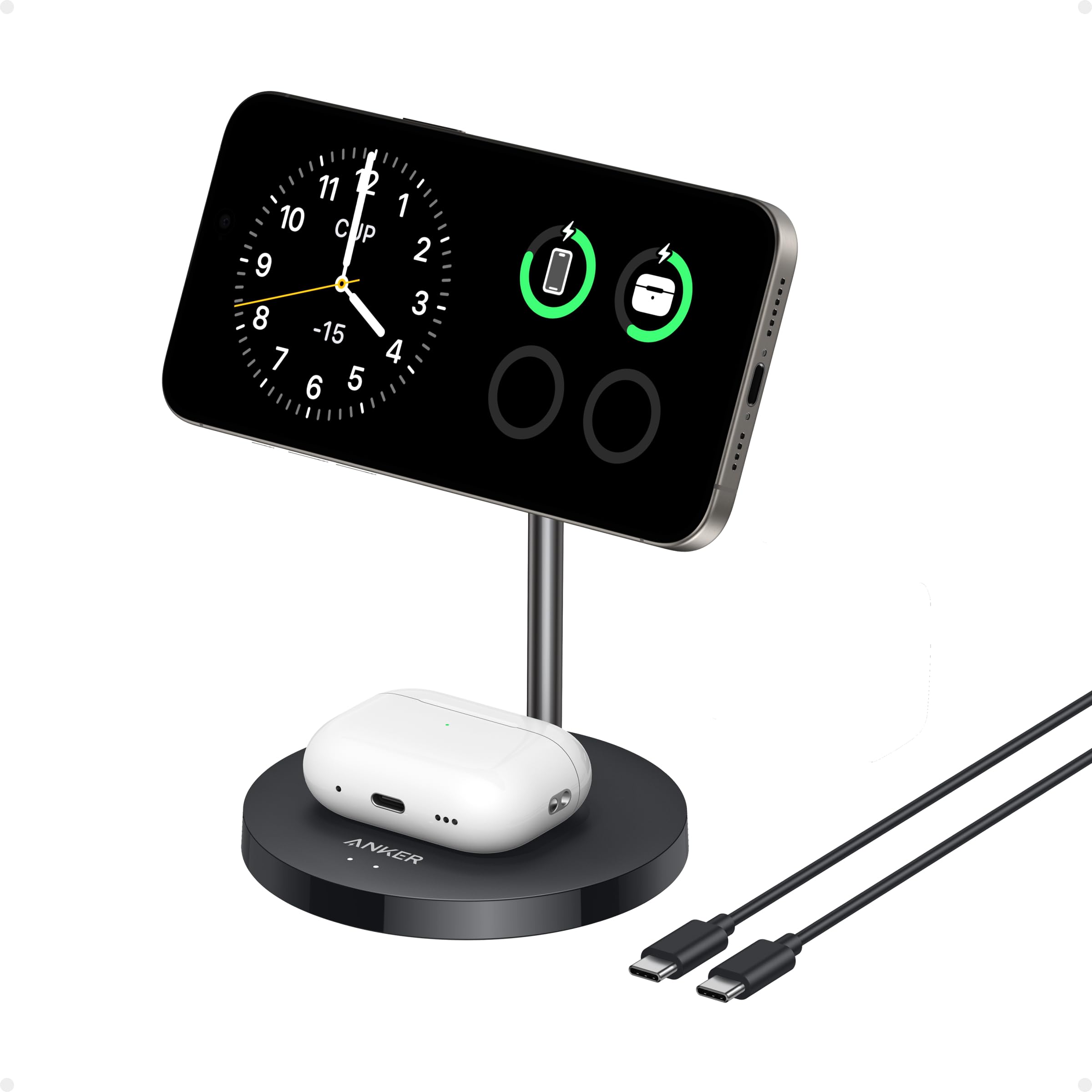 Anker MagSafe Compatible MagGo Charger Stand, iPhone 16 Wireless Charger, 2-in-1 Charging Station, Qi2 Certified 15W Fast Charging, for iPhone 16/15/14/13/12, AirPods Pro (Black, No Adapter)