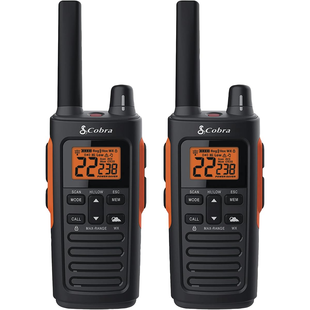 Cobra RX680 Walkie Talkies (2-Pack) - Rugged & Splashproof Two Way Radios Long Range, IP54 Water Resistant Design, 60 Pre-Programmed Channels, Weather Alerts, Included Charging Dock (Black/Orange)