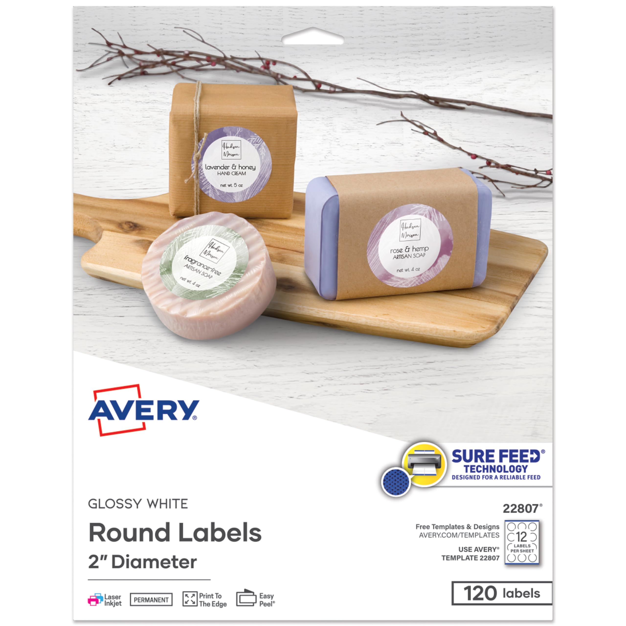 Avery Printable Round Labels, Sure Feed Technology, Glossy White Labels, 2" Diameter, Permanent Adhesive, Laser/Inkjet, 120 Total (22807)