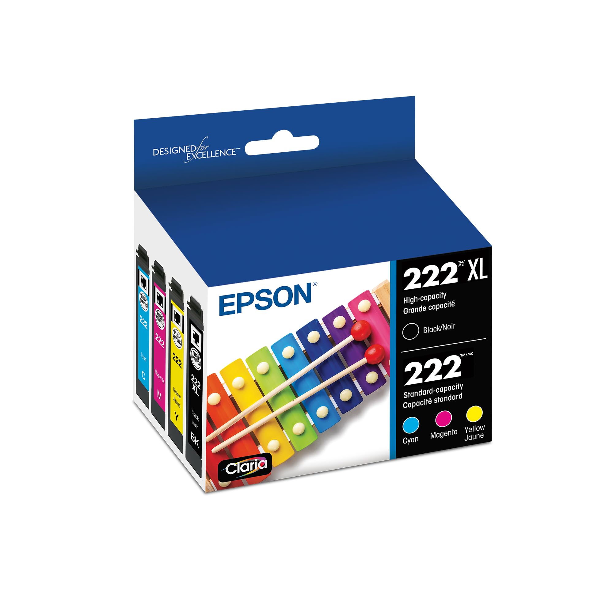 EPSON 222 Claria Ink High Capacity Black & Standard Color Cartridge Combo Pack (T222XL-BCS) Works with WorkForce WF-2960, Expression XP-5200, Black/Cyan/Magenta/Yellow