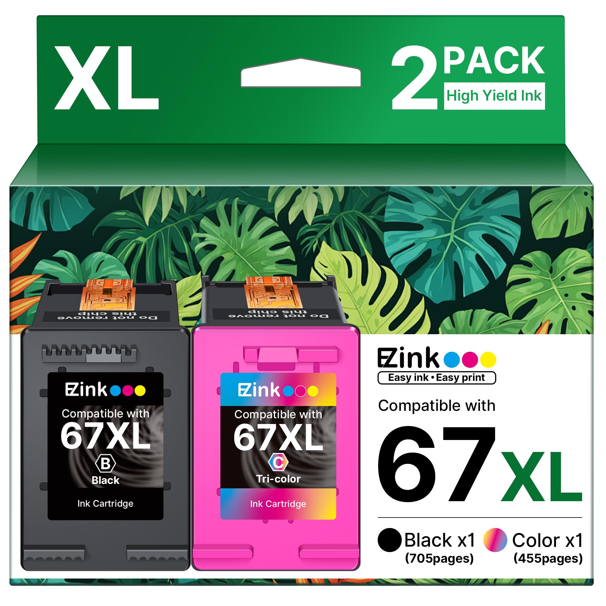 67XL Ink Cartridges Black/Color Combo Pack Remanufactured for HP Ink 67 67XL to Use with HP Deskjet 2855e 2800e 2755e 2827e 2700e 2700 2852e 4255e 2734e 4100 4000 Envy 6000 6055e Printer (2-Pack)
