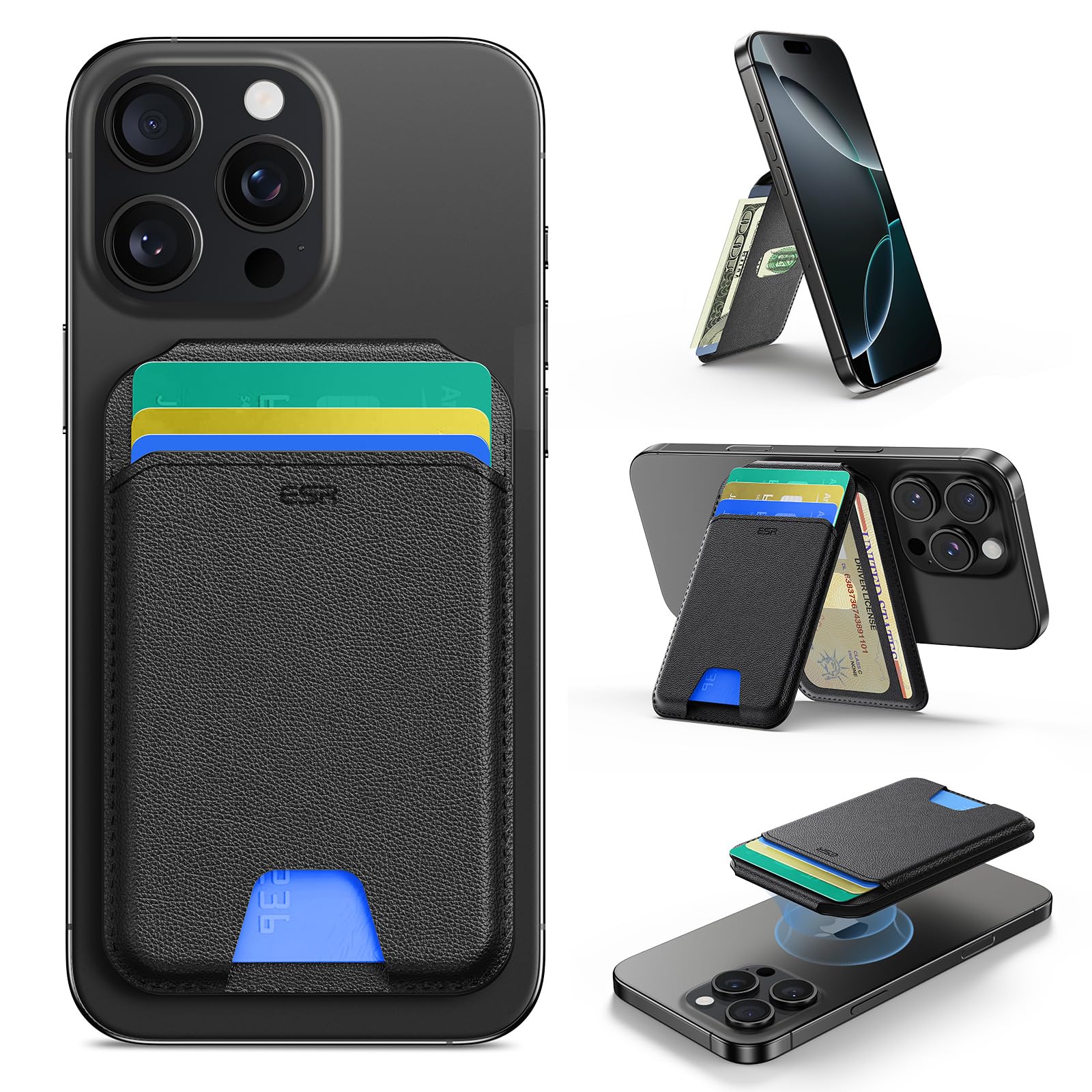 ESR Upgraded for MagSafe Wallet, 5 Card Holder, RFID Blocking, Magnetic Wallet for iPhone with Adjustable Stand, Slim for iPhone 16/15/14/13/12 Series, Not for 13/12 Mini, Vegan Leather, Black