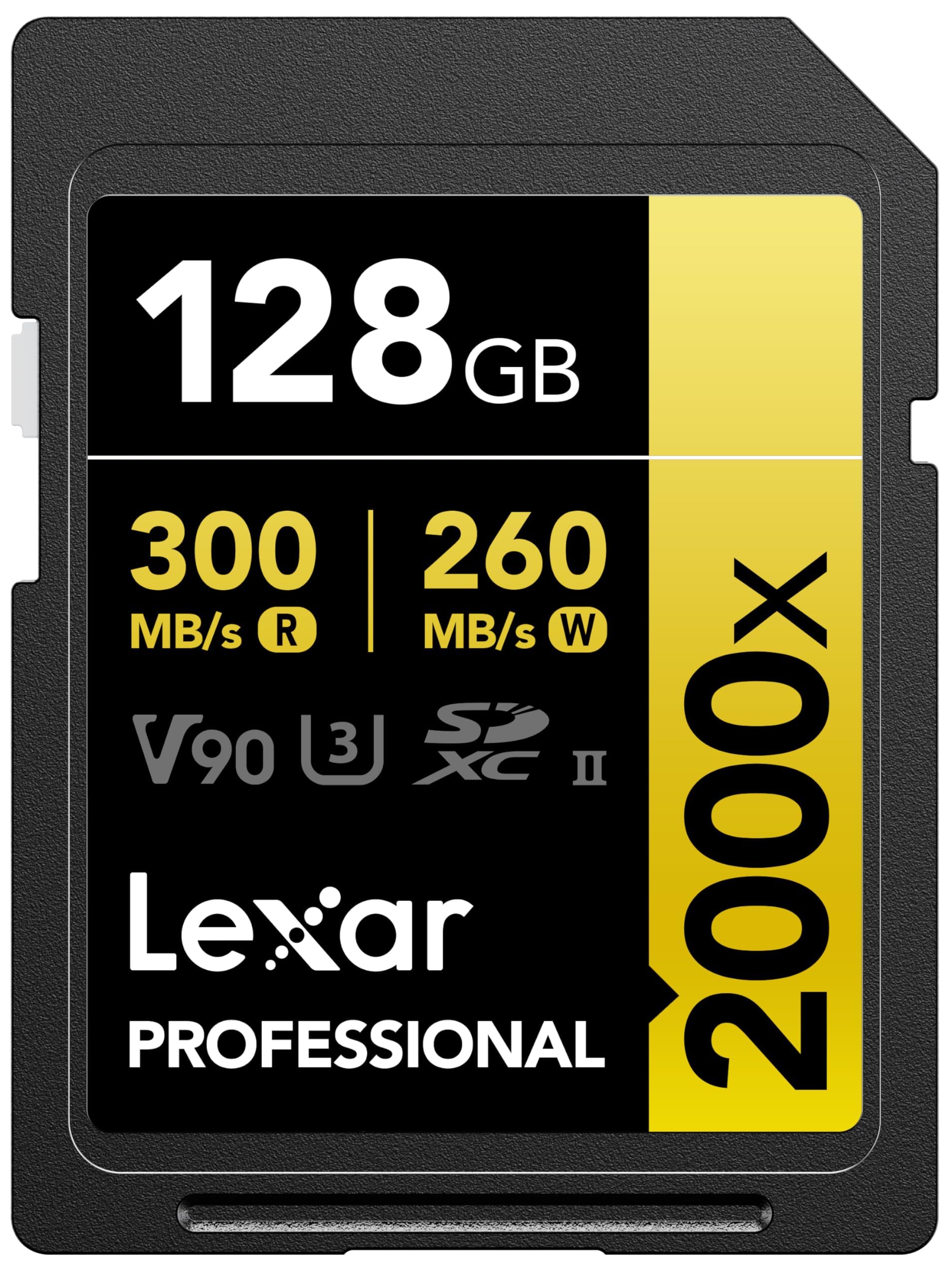 Lexar 128GB Professional 2000x SD Card, UHS-II, C10, U3, V90, Full HD, 8K, Up To 300MB/s Read SDXC Memory Card, for DSLR, Cinema-Quality Video Cameras (LSD2000128G-BNNNU)