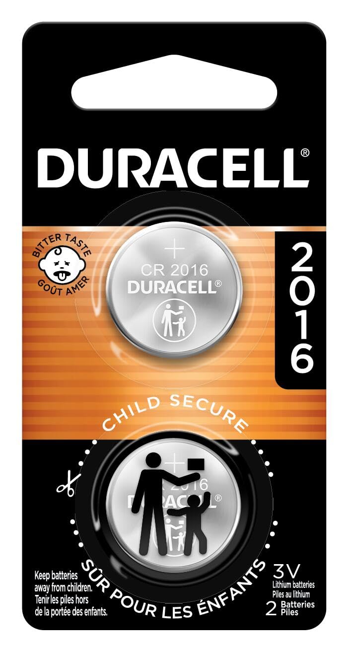 Duracell CR2016 3V Lithium Battery, Child Safety Features, 2 Count Pack, Lithium Coin Battery for Key Fob, Car Remote, Glucose Monitor, 3 Volt Cell