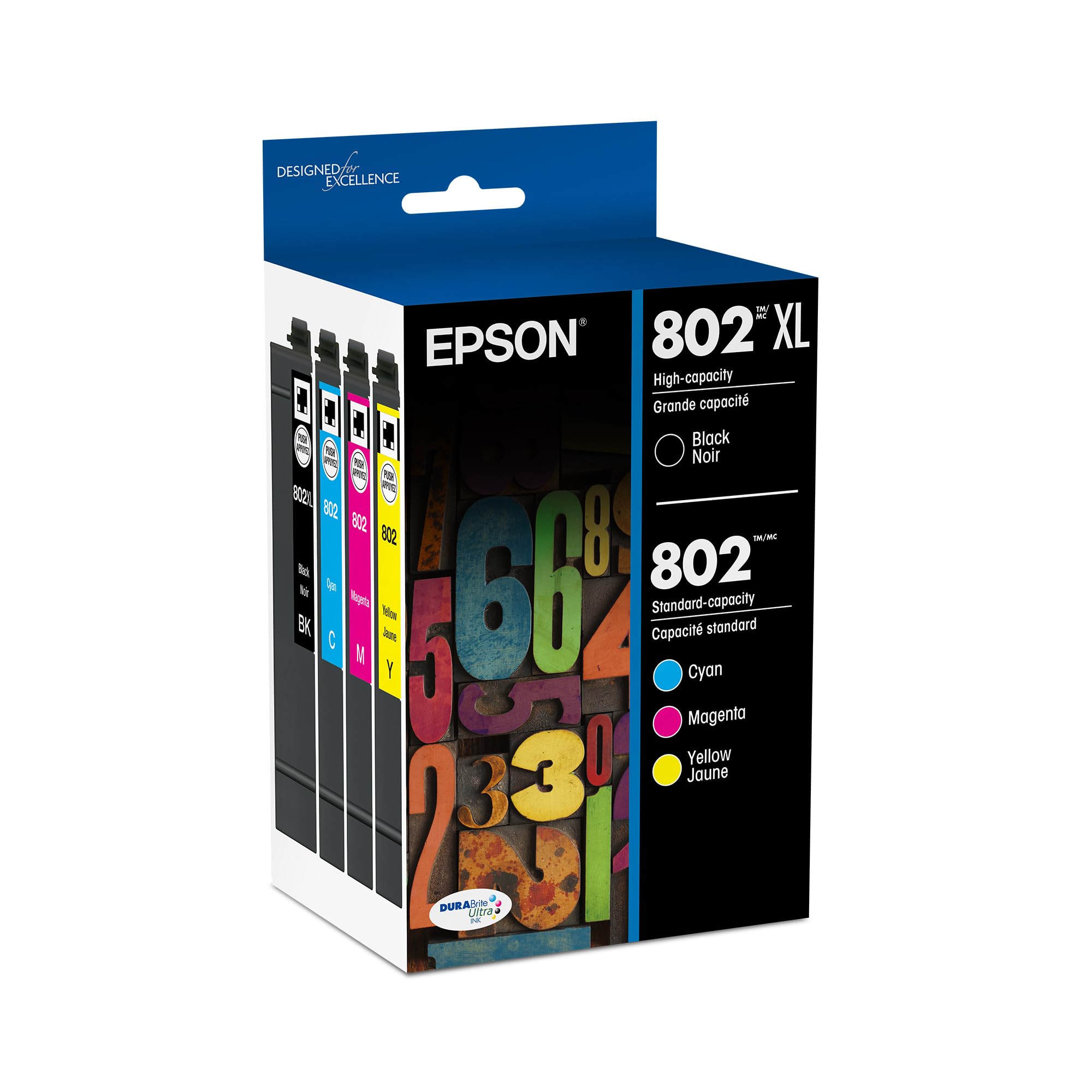 EPSON 802 DURABrite Ultra Ink High Capacity Black & Standard Color Cartridge Combo Pack (T802XL-BCS) Works with WorkForce Pro WF-4720, WF-4730, WF-4734, WF-4740