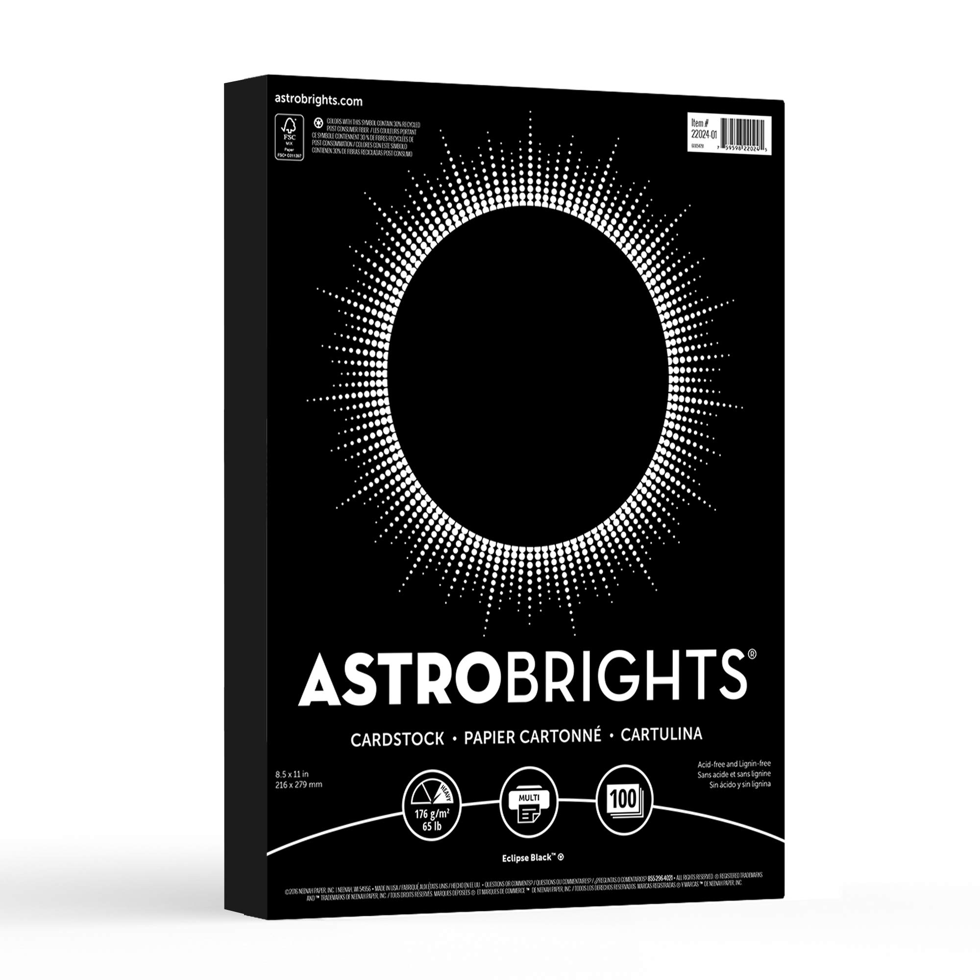 Astrobrights Color Cardstock, 65 lb Cover Weight, 8.5 x 11, Eclipse Black, 100/Pack