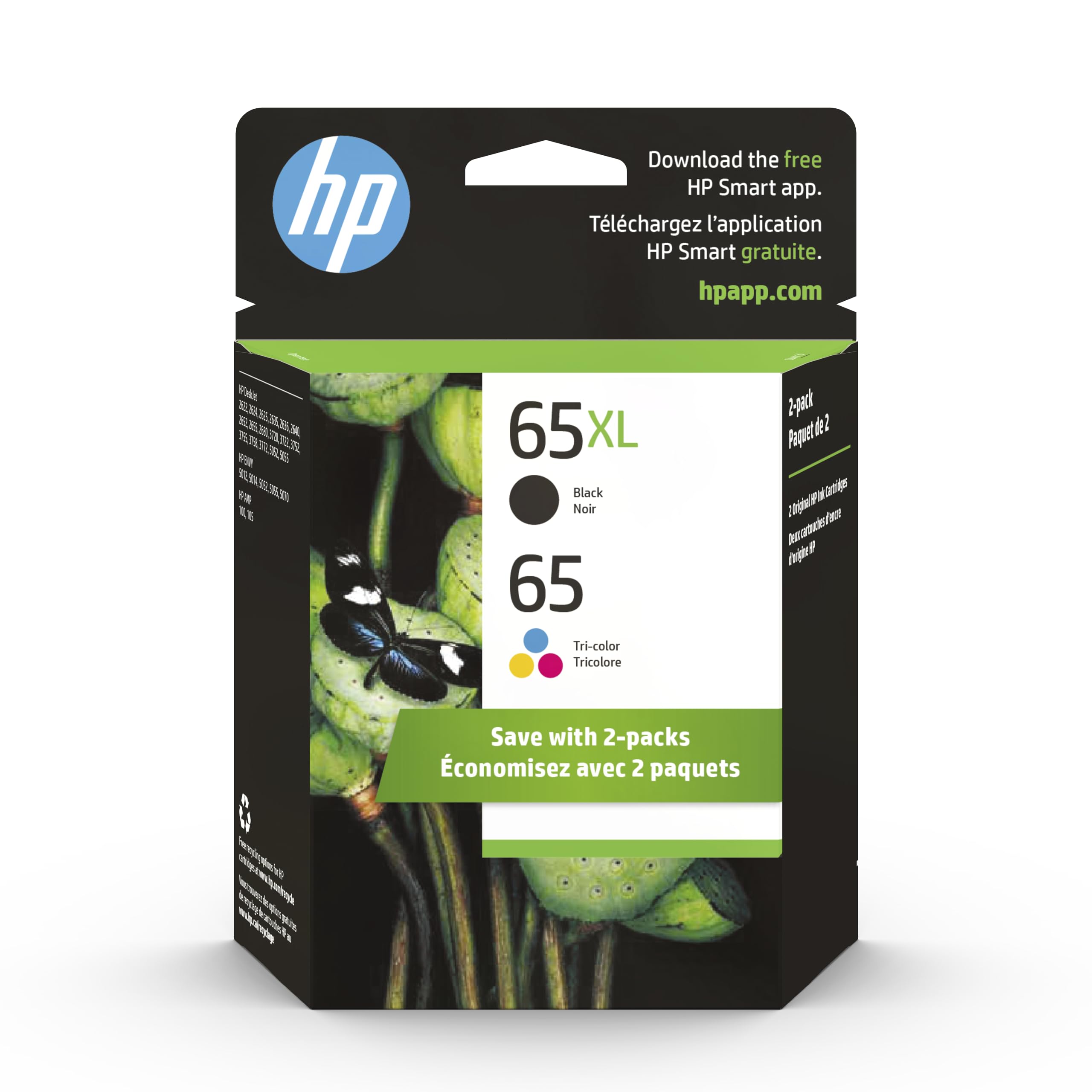 HP Original 65 Tri-Color / 65XL Black Ink Cartridges (2-pk) | Works AMP 100 Series DeskJet 2600, 3700 Series Envy 5000 Series | Eligible for Instant Ink | 6ZD95AN