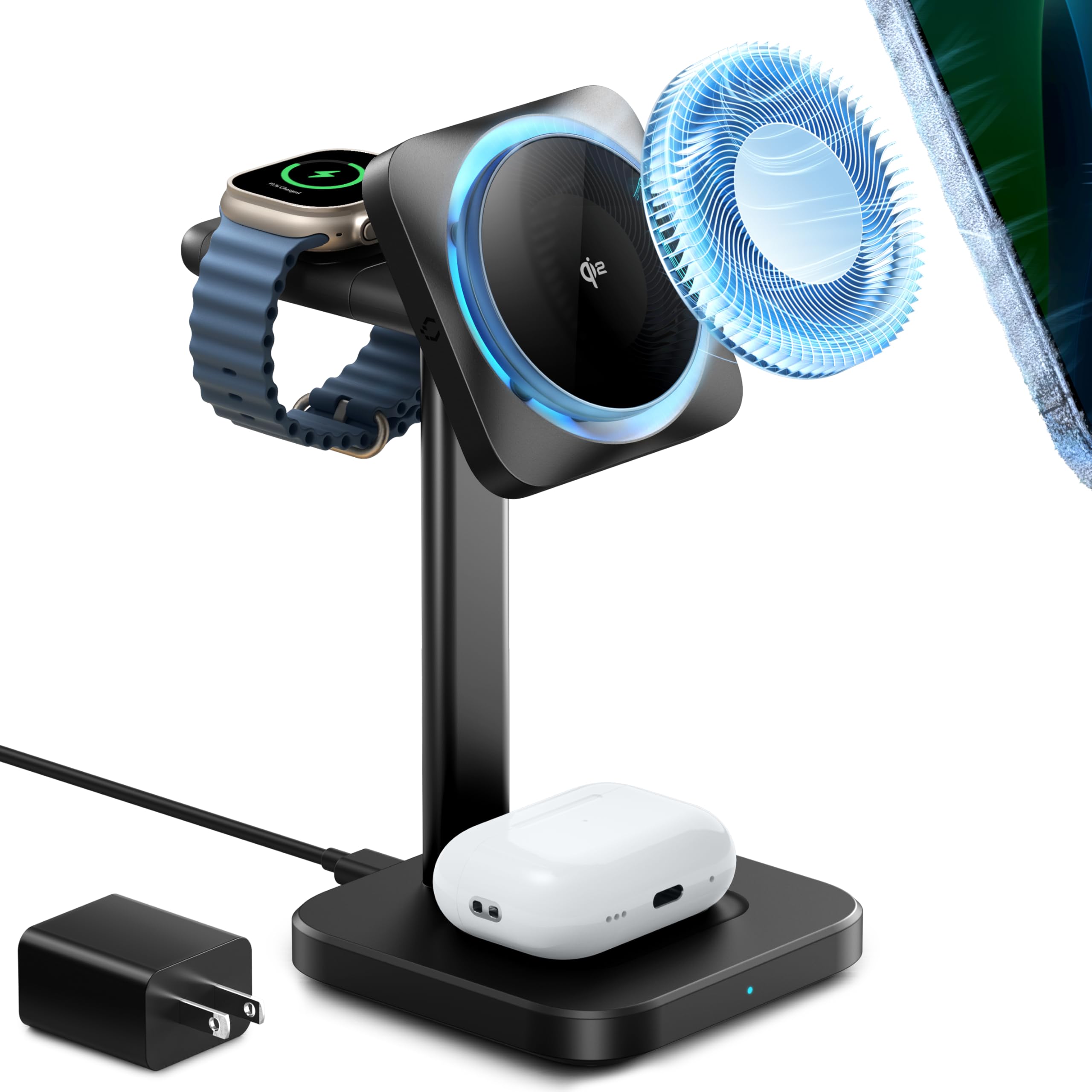 ESR for MagSafe Charger Stand, 3 in 1 Charging Station with CryoBoost, Phone-Cooling Wireless Charging Station, Qi2 Certified 15W MagSafe Stand, for iPhone16/15/14/13/12, AirPods, Apple Watch, Black