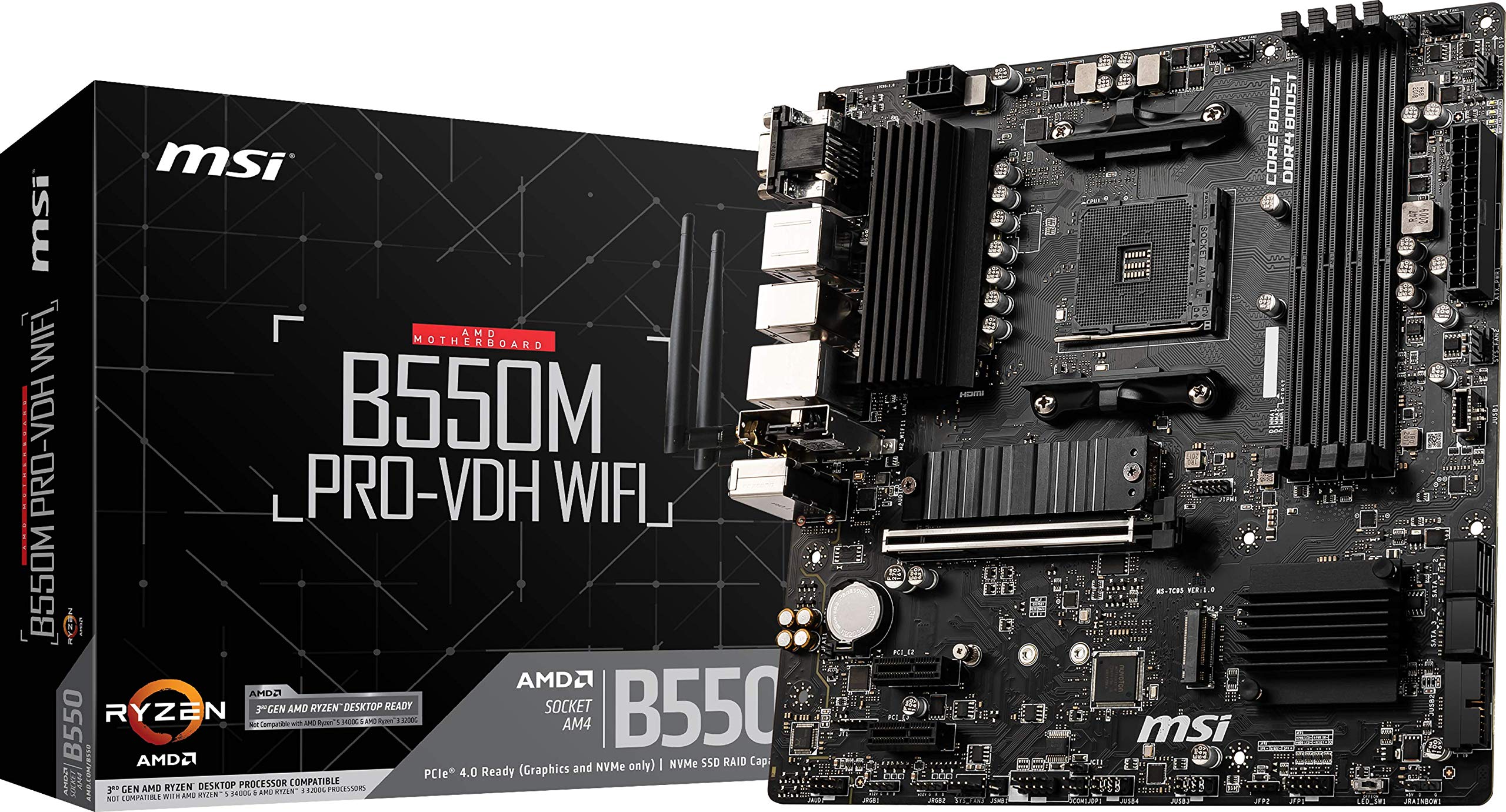 MSI B550M PRO-VDH WiFi ProSeries Motherboard (AMD Ryzen 5000, AM4, DDR4, PCIe 4.0, SATA 6Gb/s, M.2, USB 3.2 Gen 1, Wi-Fi, Bluetooth, D-SUB/HDMI/DP, Micro-ATX)