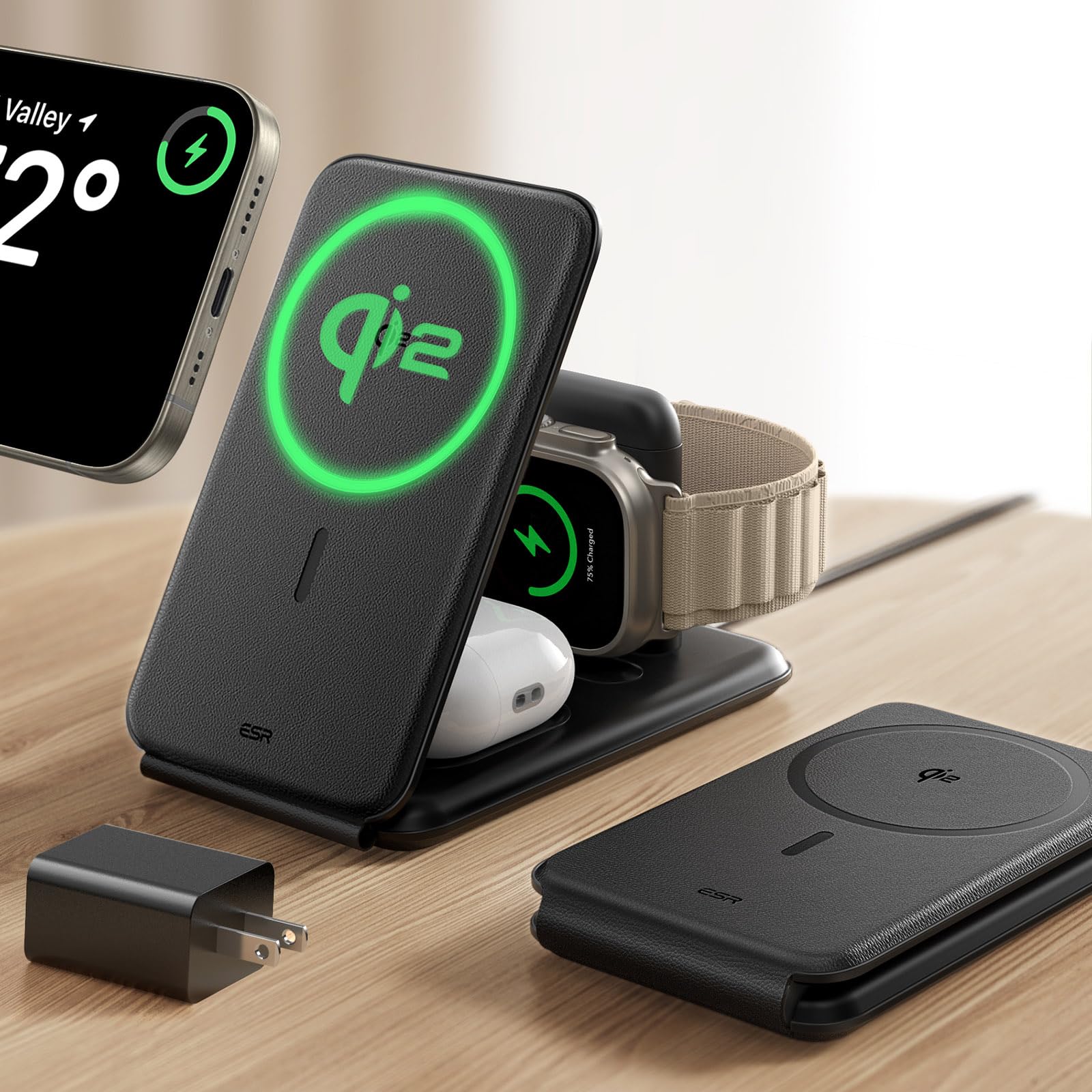 ESR Qi2 3 in 1 Charging Station for Apple, [Certified] Apple Watch Charger & Qi2 15W MagSafe Charger Stand for iPhone, Travel Charger for Multiple Devices, iPhone 16/15/14/13, Watch & AirPods, Black