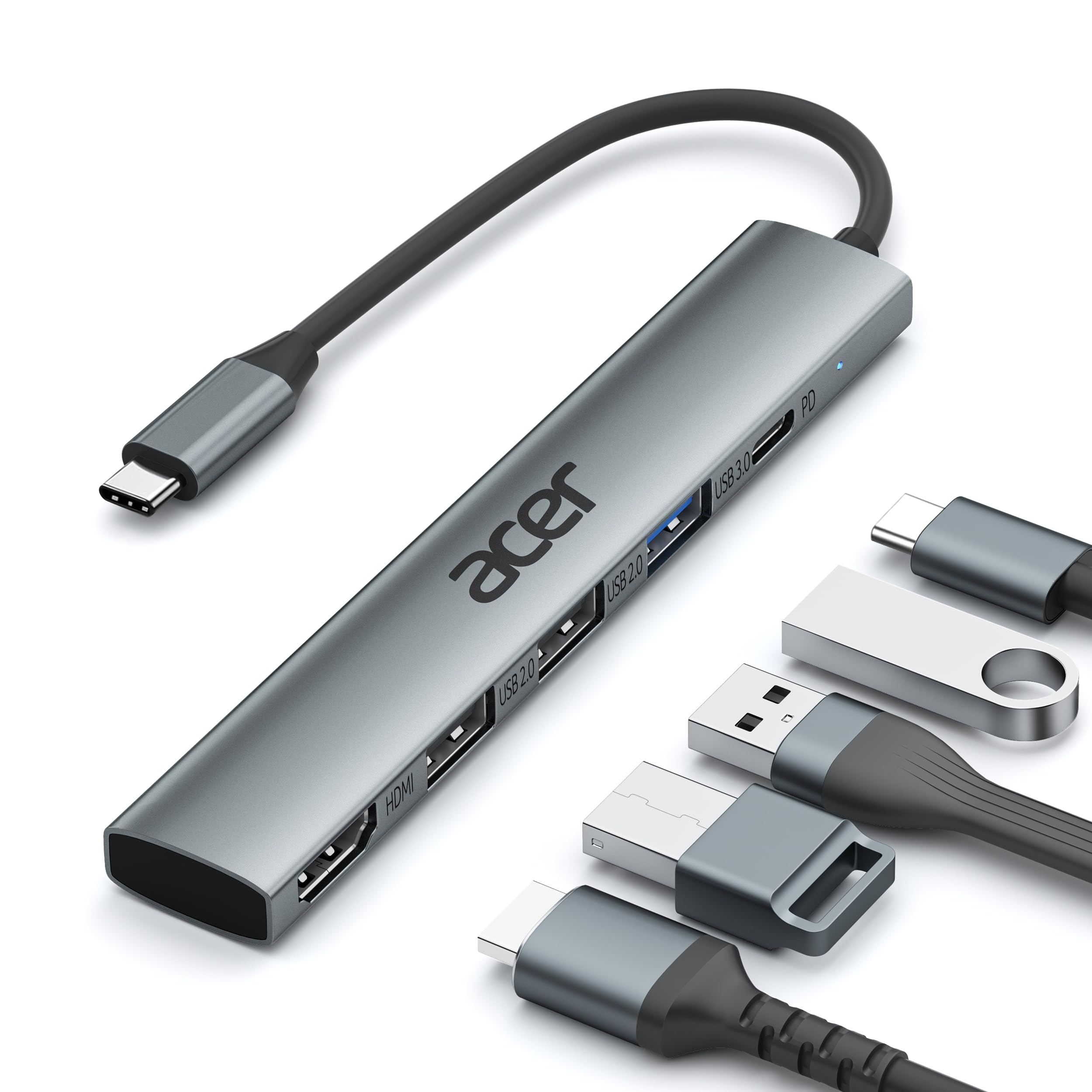 Acer 5 in 1 USB C Hub with 4K HDMI, 100W Power Delivery, 3 USB A Data Ports, USB C to HDMI Multiport Adapter for Laptop, PC, Tablet, MacBook Air, iPad Air, iMac, iPhone 15/16 Pro/Pro Max