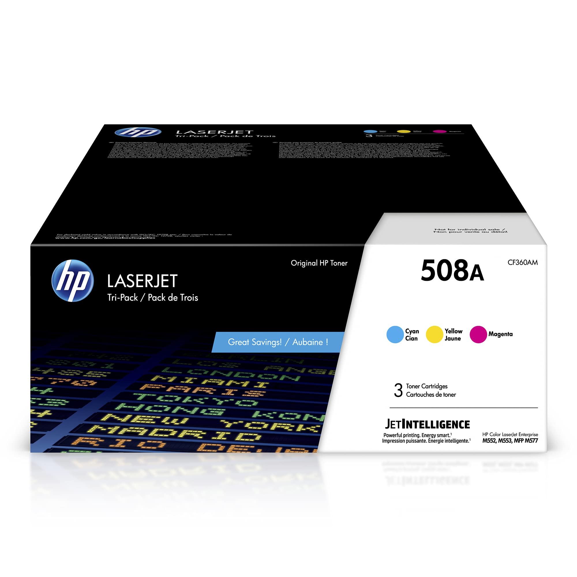 HP 508A Cyan, Magenta, Yellow Toner Cartridges (3-pack) | Works with HP Color LaserJet Enterprise M552, M553, HP Color LaserJet Enterprise MFP M577 Series | CF360AM