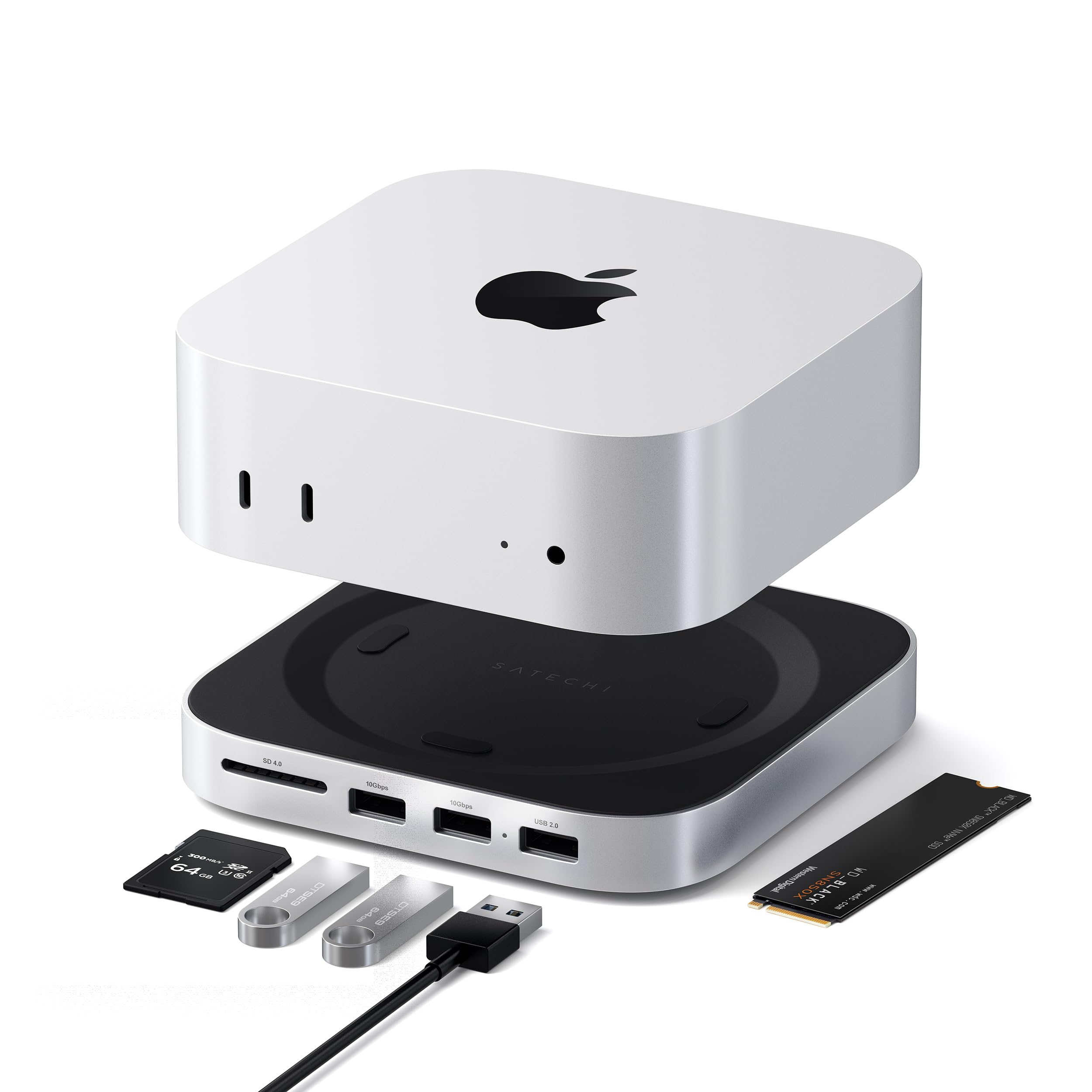 Satechi Mac mini M4 Hub & Stand with NVMe SSD Enclosure, Mac mini M4 Dock with 2xUSB A Up to 10Gbps, USB A Data Port, SD Card Reader for Mac mini M4, Mac mini M4 Pro - Silver