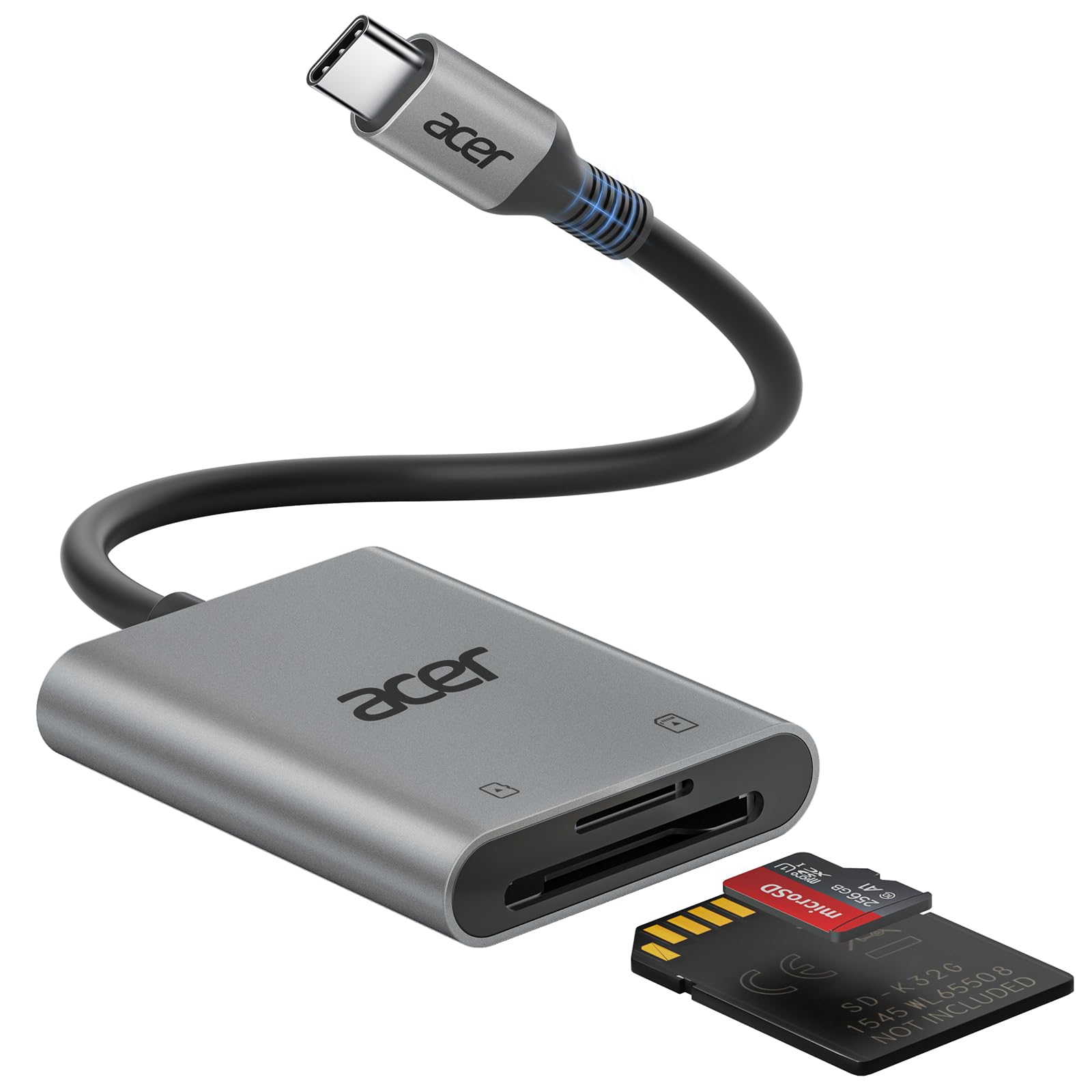 Acer SD Card Reader USB C, Dual Slots Type C to Memory Card Reader, Aluminum Micro SD Card Camera Adapter for MicroSD, SDHC, SDXC, Compatible with iPhone16/15, MacBook, iPad Pro, Android, Laptop