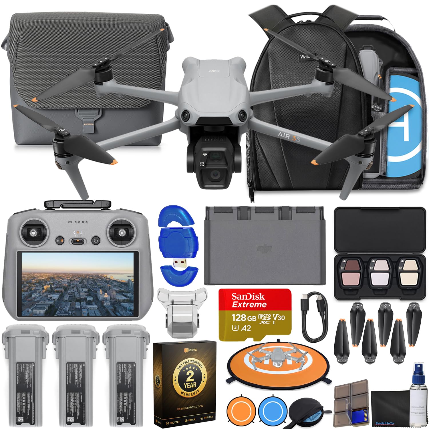 DJI Air 3S Drone with RC 2 Fly More Combo (with Screen) 4K HDR, 45-Min Max Flight Time Bundle with 128GB Memory, Landing Pad, Backpack, CPS 2 Year Warranty, Lens Cleaning Kit and More