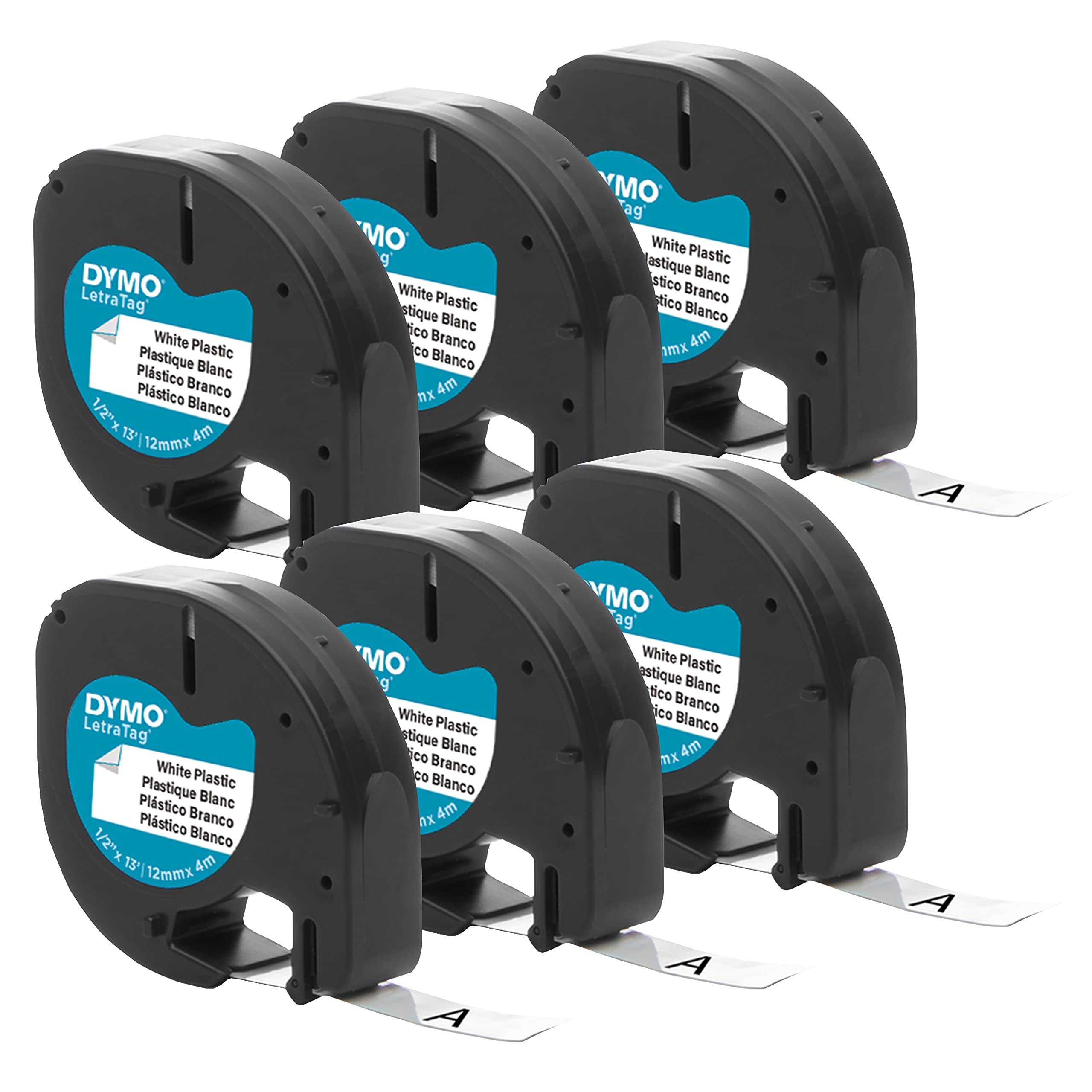 DYMO Authentic LT Plastic Labeling Tape for LetraTag Label Makers, 1/2" (12mm), Black Print On White Tape, 6-Pack