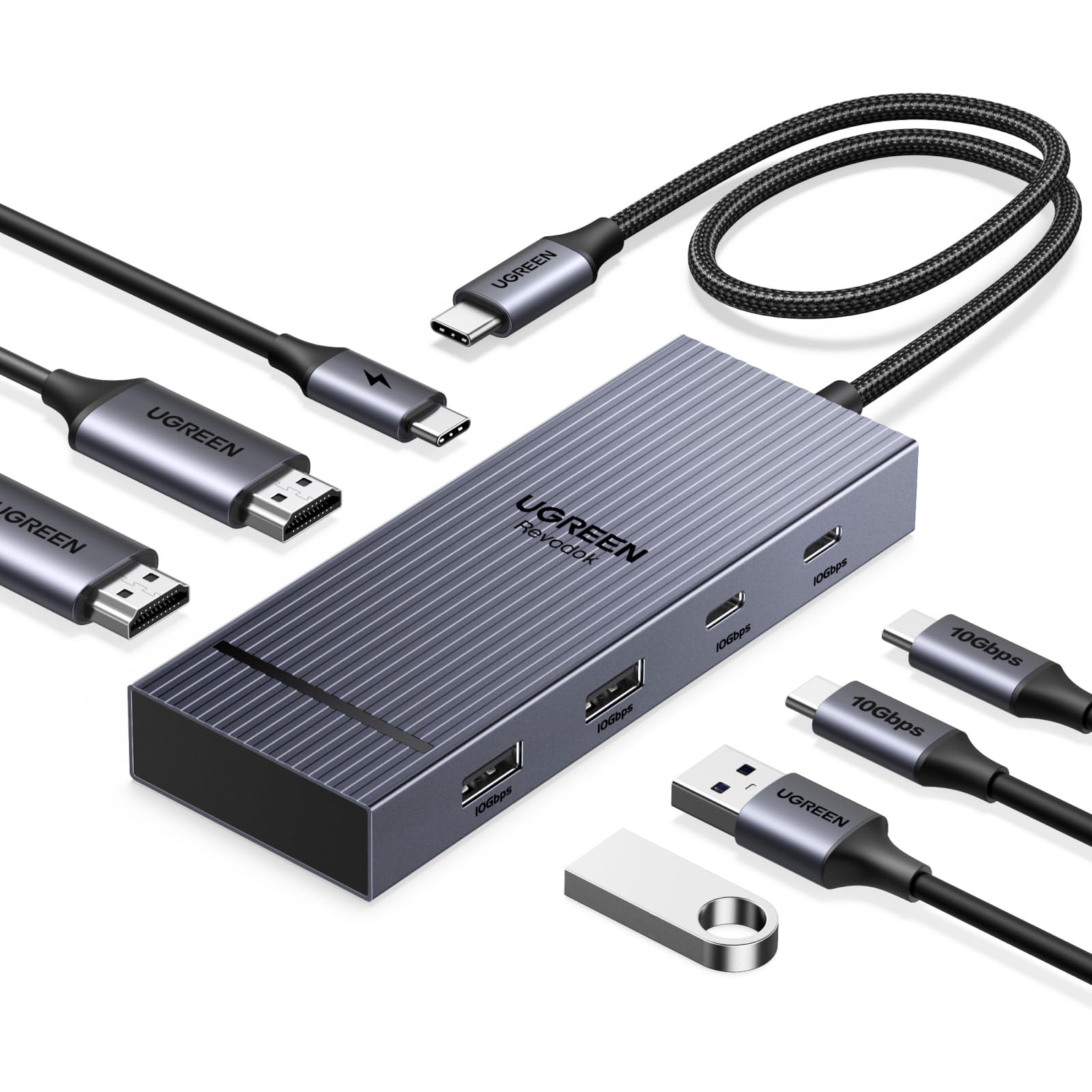UGREEN Revodok Pro 7 in 1 Docking Station Dual Monitor, USB C Hub Dual 4K@60Hz HDMI Display, 10Gbps USB-A/C Data Ports, 100W PD, Aluminum Laptop Docking Station for HP, Thinkpad, Dell and More