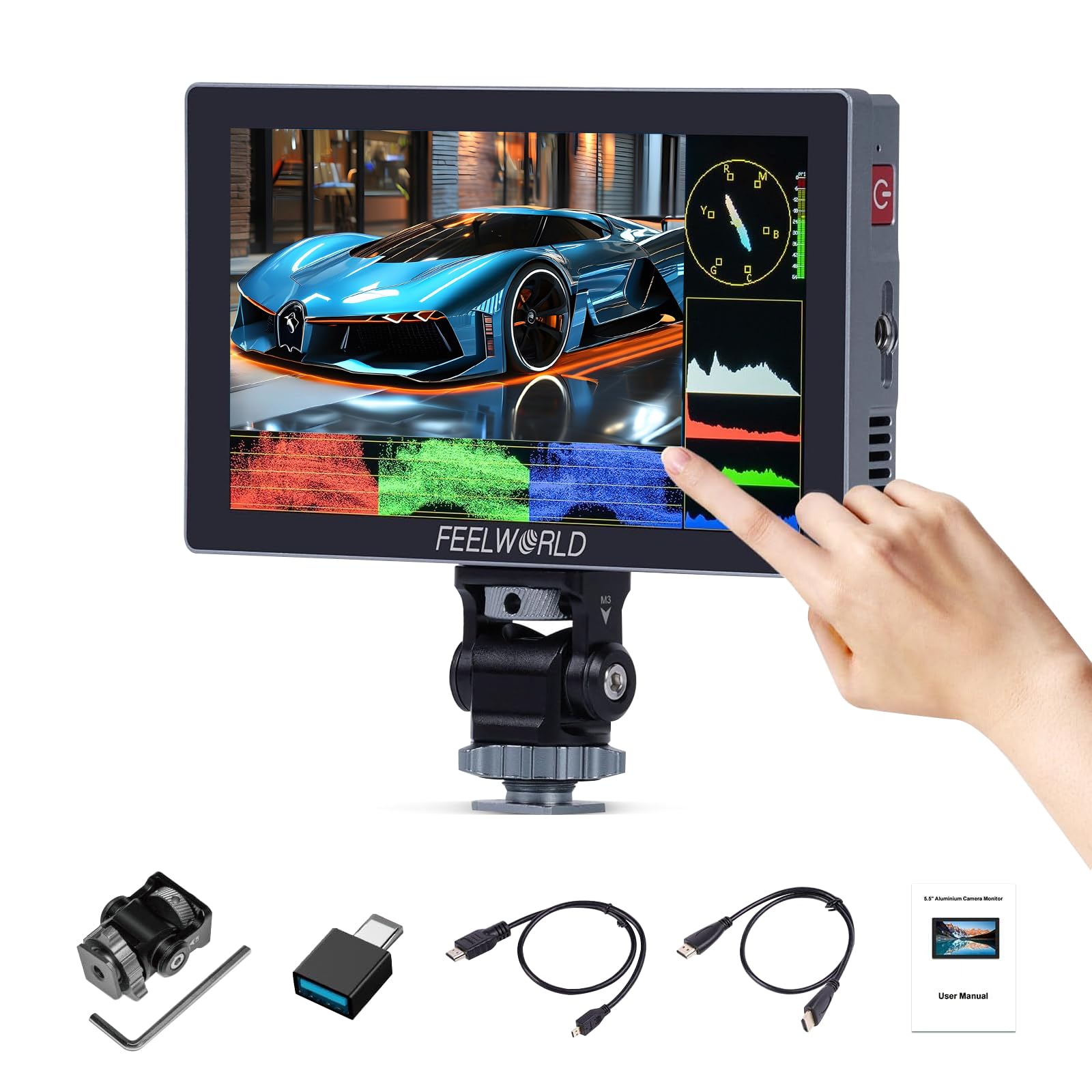 FEELWORLD P6X Camera Field Touchscreen Monitor 5.5 Inch 1000 Nit with Aluminium Housing 1920x1080 IPS 9:16 Maker HDMI2.0 3D LUT HDR Waveform DSLR Camera for Sony Canon Nikon Fuji Photography
