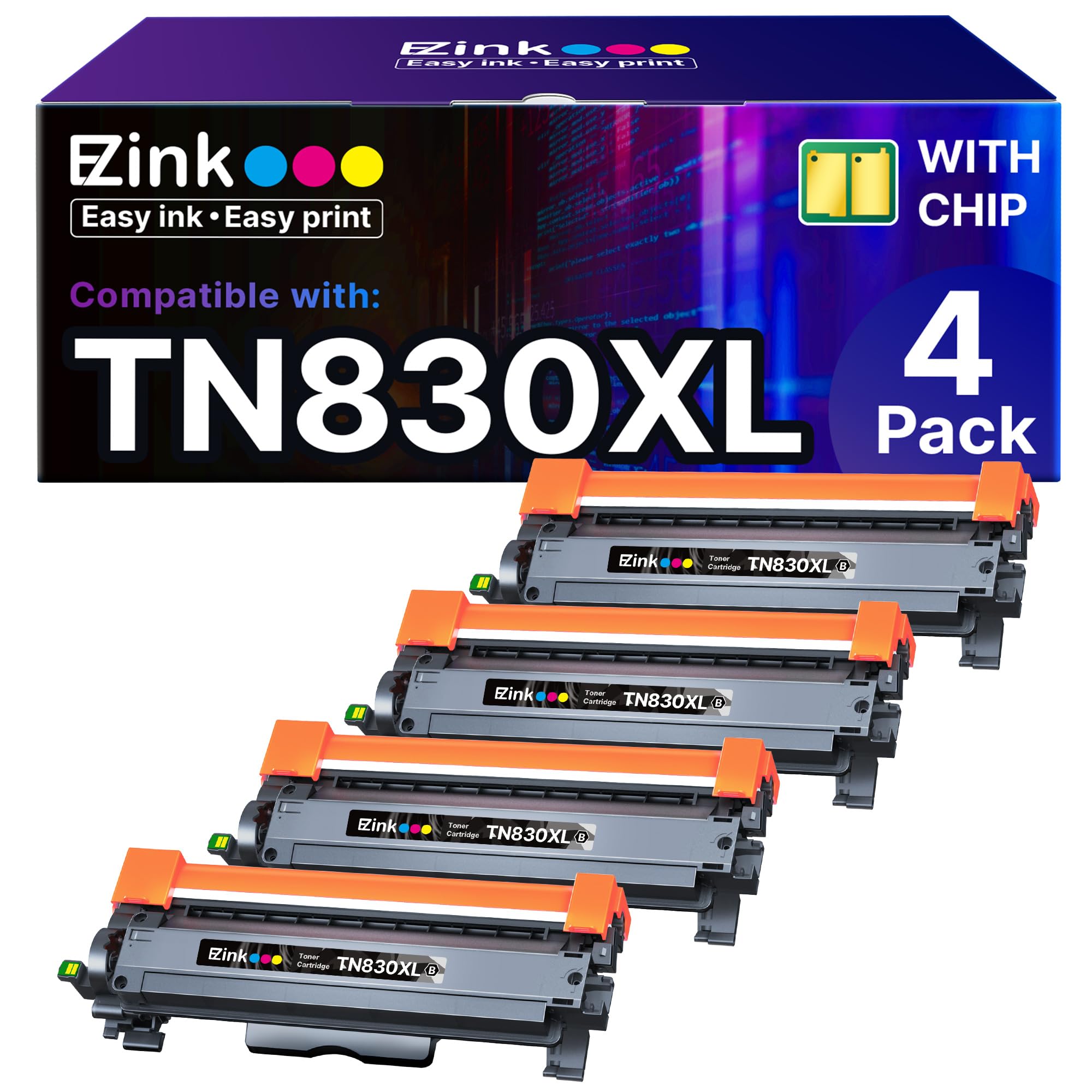 E-Z Ink Compatible Toner Cartridge Replacement for Brother TN830XL TN 830 TN830 Toner Cartridges for HL-L2460DW DCP-L2640DW HL-L2480DW HL-L2400D HL-L2405W MFC-L2820DW Printer (4 Black)