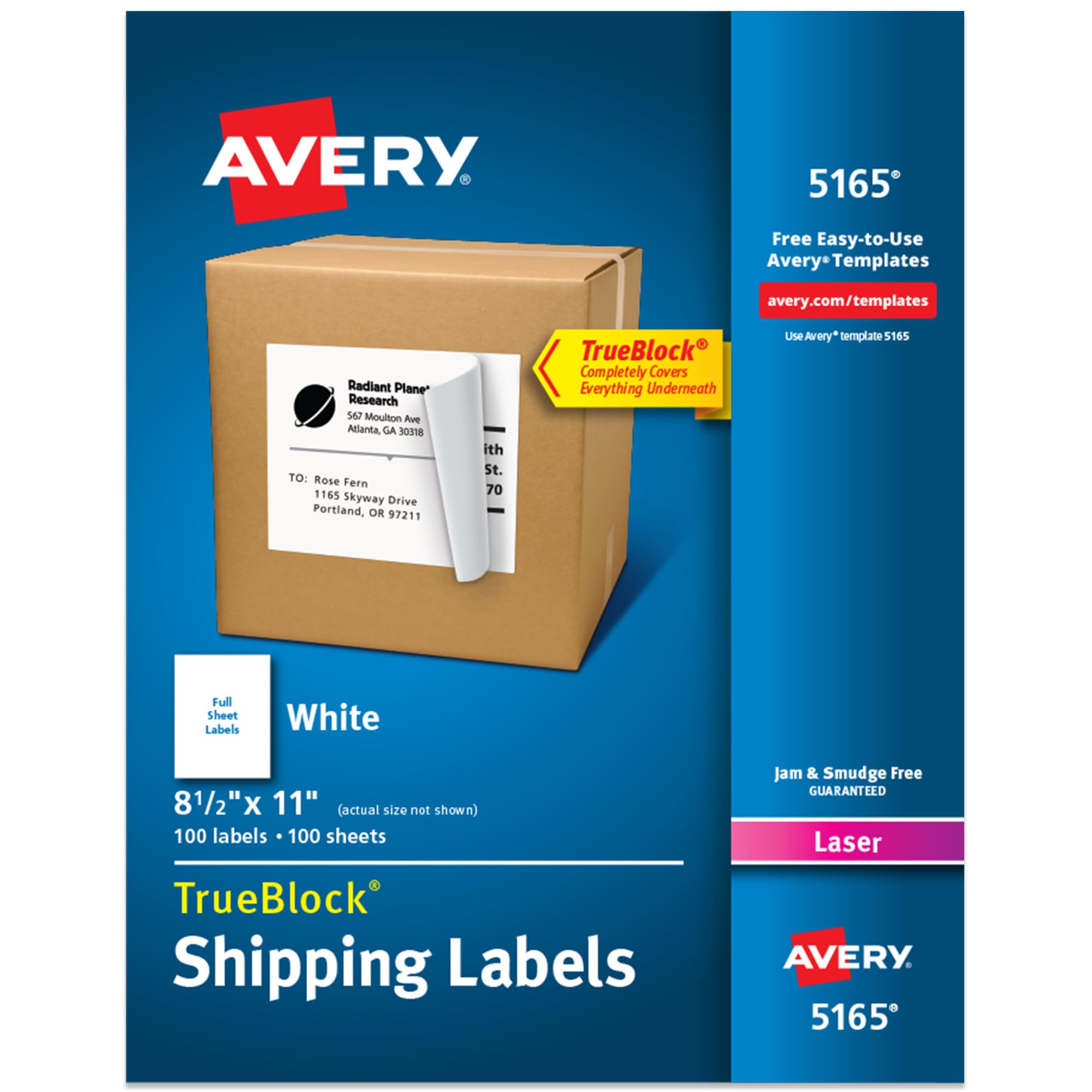 Avery Full-Sheet Printable Shipping Labels, 8.5" x 11" Customizable Stickers, White, 100 Blank Mailing Labels, Great for Mailing, Shipping, Organizing, and More (5165)