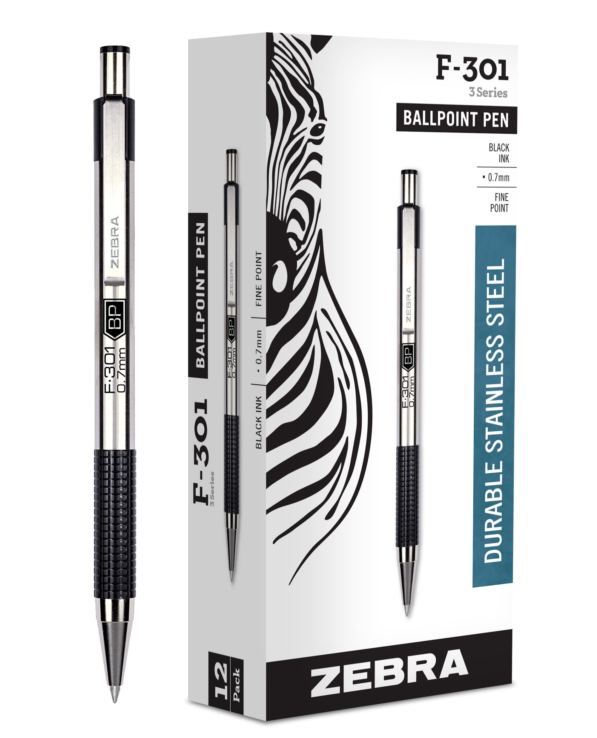 Zebra Pen F-301 Ballpoint Fine Point 0.7mm Stainless Steel Retractable Ballpoint 12-Pack – Easy-Glide Ink, Non-Slip Grip, Metal Clip, Refillable with F-Refill, Professional Design (27110)