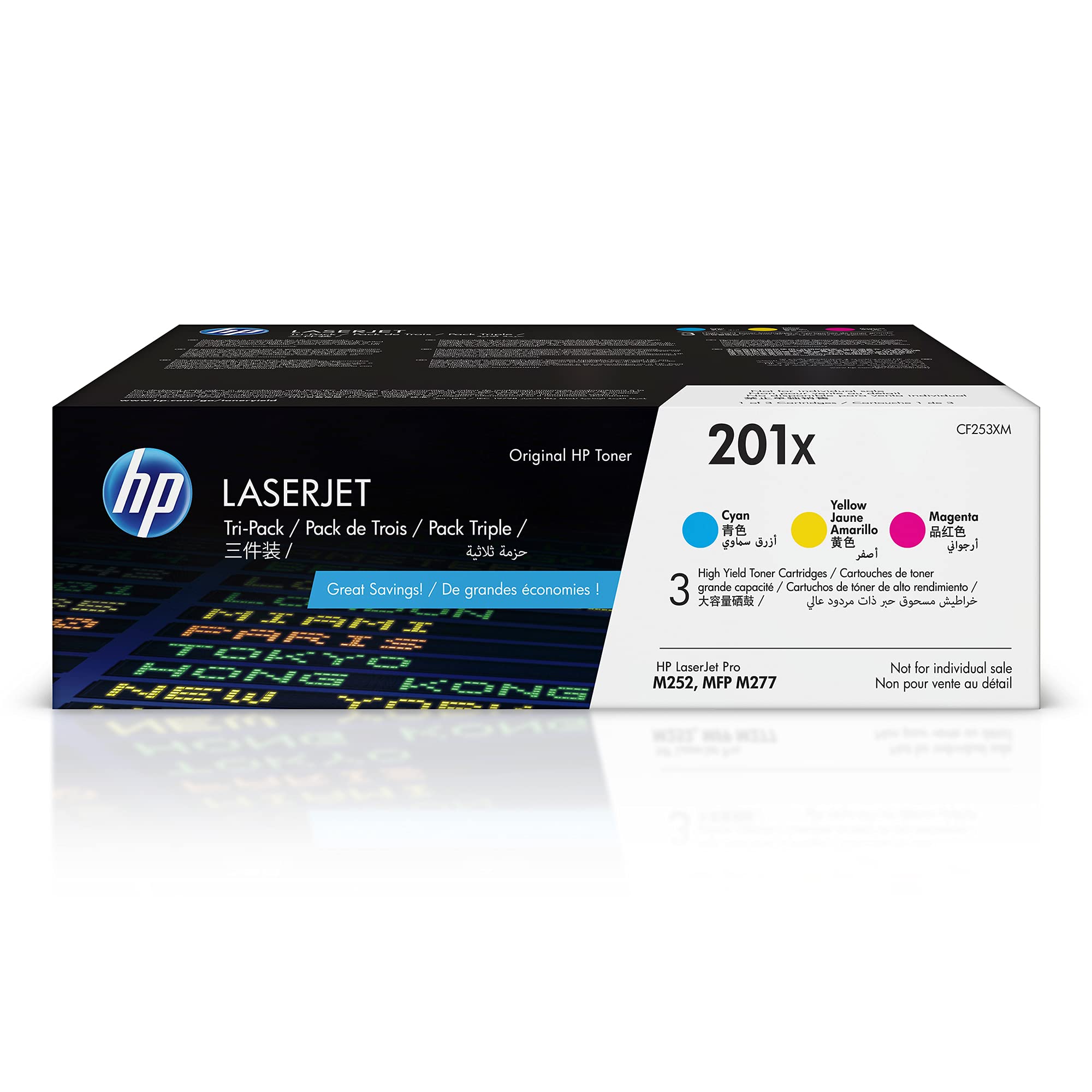 HP 201X Cyan, Magenta, Yellow High-yield Toner Cartridges (3-pack) | Works with HP Color LaserJet Pro M252, HP Color LaserJet Pro MFP M277 Series | CF253XM