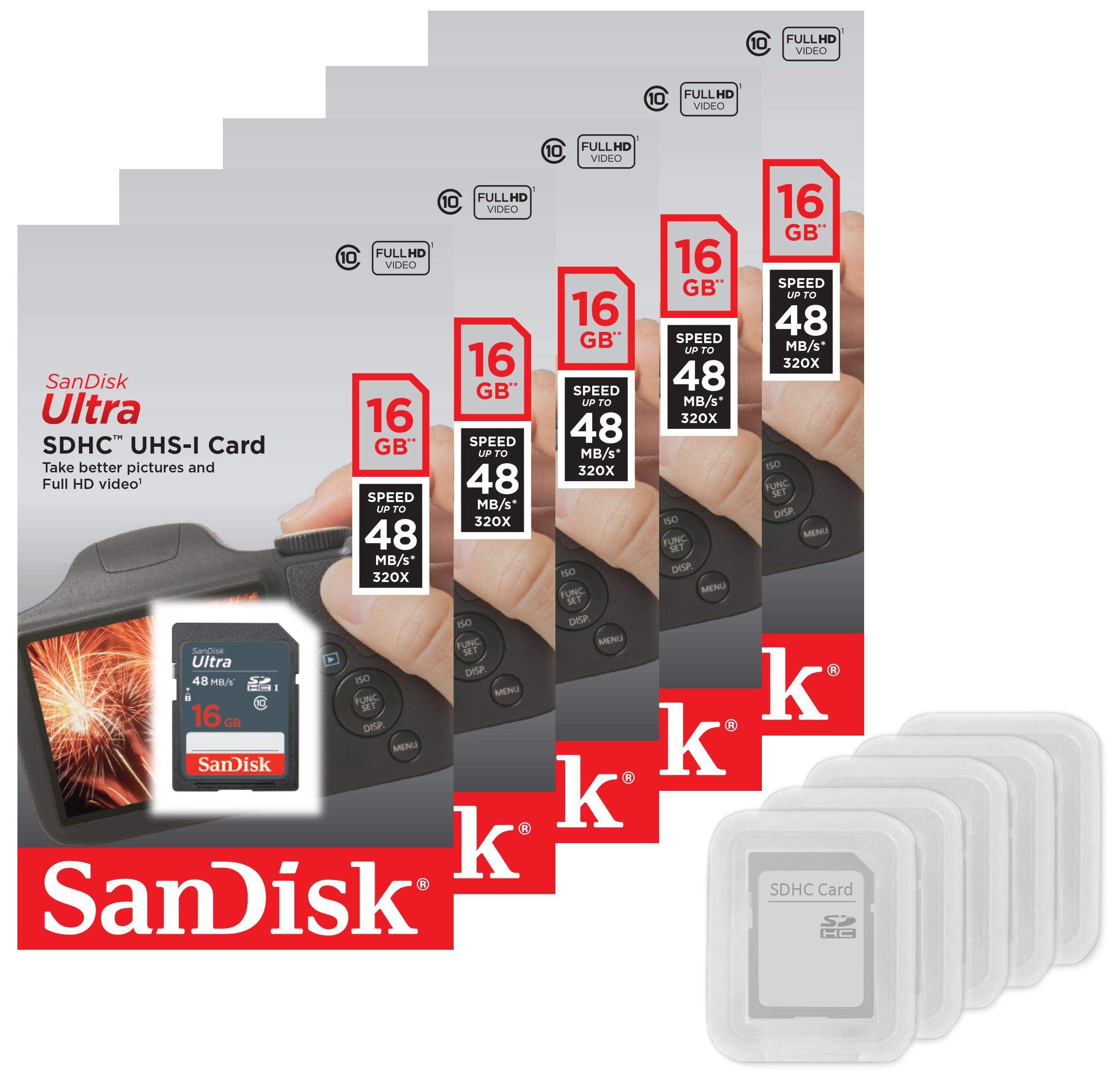 SanDisk 5 Pack Ultra 16GB SD SDHC Memory Flash Card UHS-I Class 10 Read Speed up to 48MB/s 320X SDSDUNB-016G-GN3IN Wholesale Lot + (5 Cases)