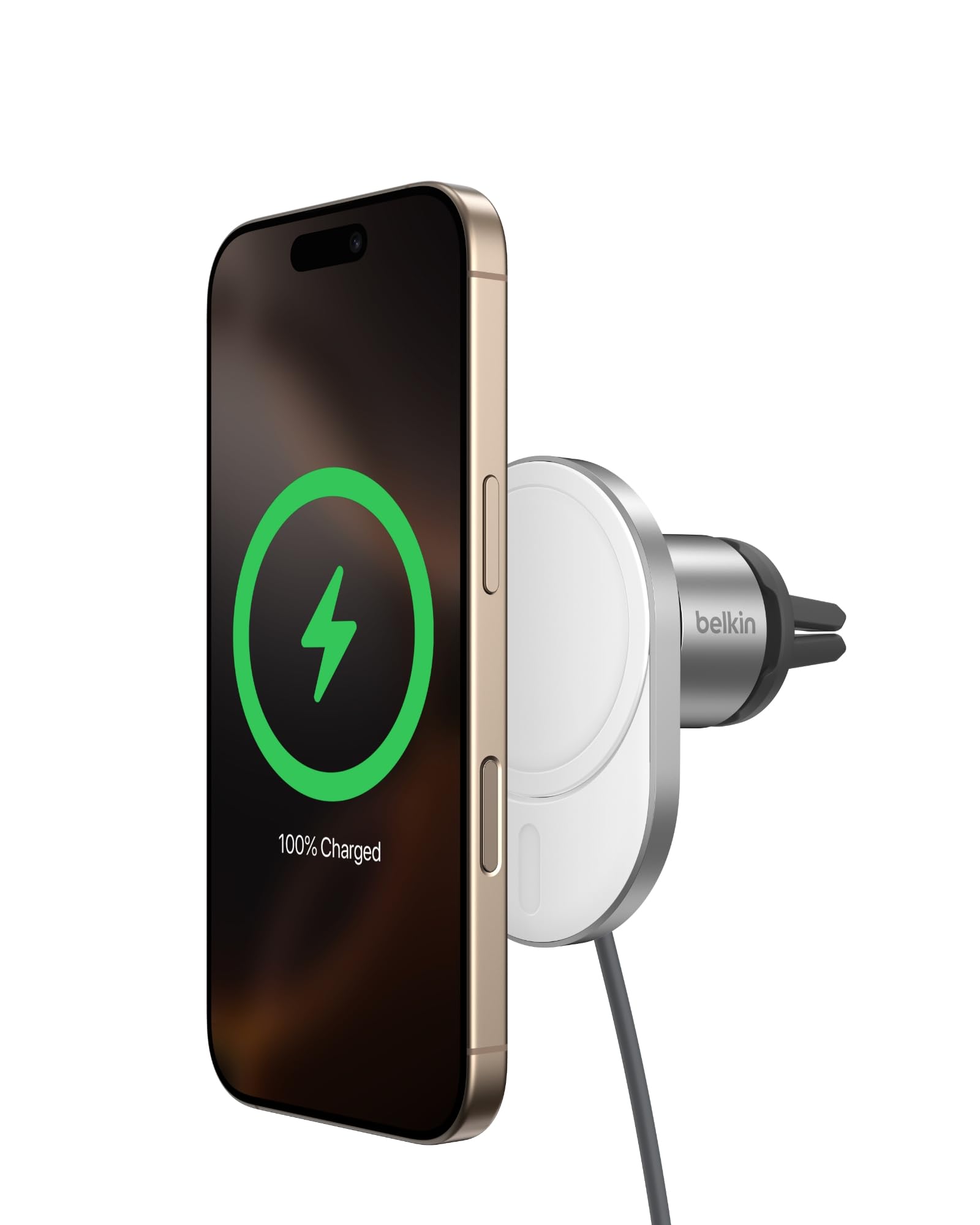 Belkin Wireless Car Charger 15W - MagSafe-Compatible Magnetic Charger - Qi2-Certified Wireless Charger, Magnetic Car Vent Phone Mount for iPhone 16, 15, 14, 13, 12, & Samsung Galaxy S25 Series - Gray