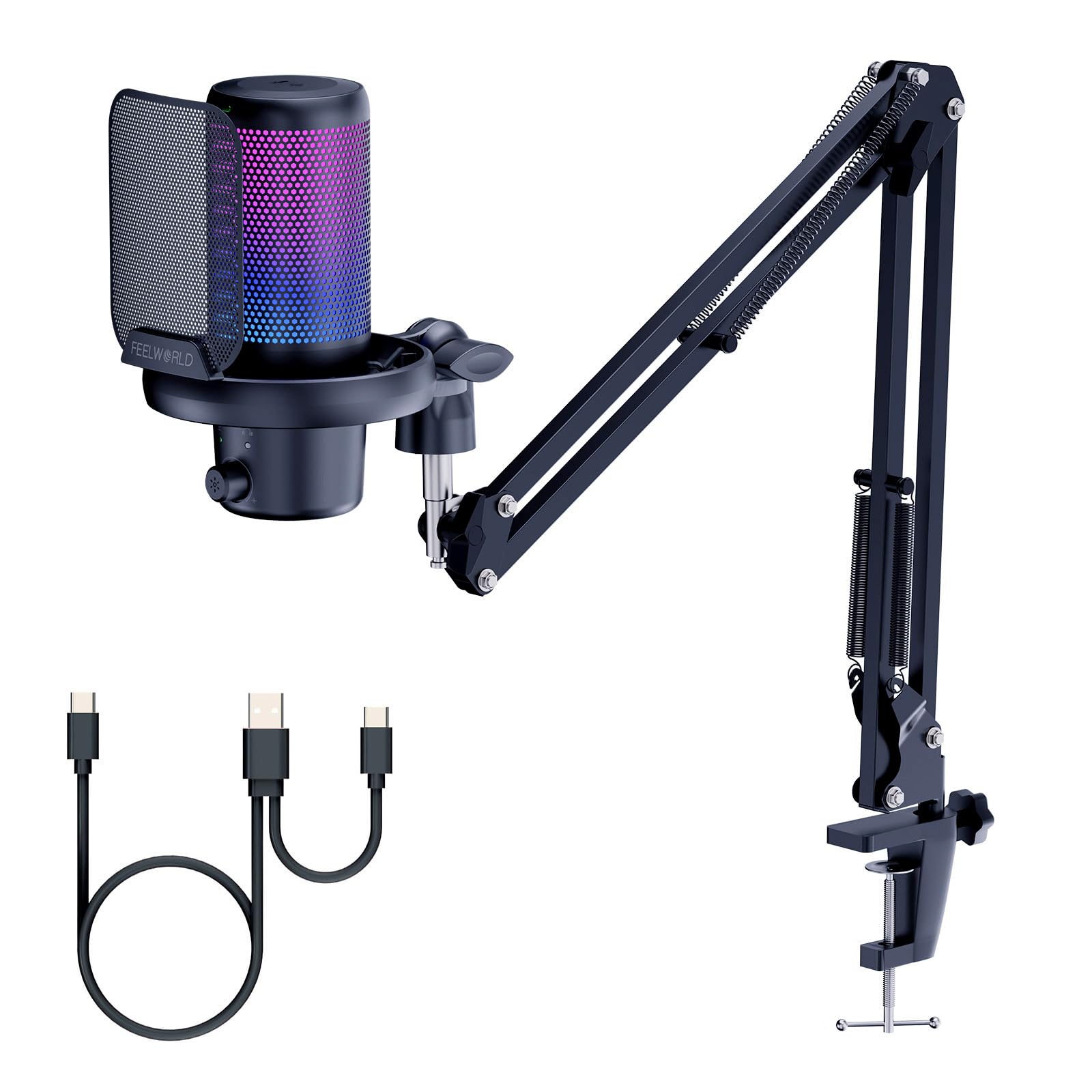 FEELWORLD VM1 Gaming PC USB Microphone Condenser Mic with Noise Cancellation Mute RGB Light, Computer Accessories Gifts for Gamer YouTube Twitch Podcast Streaming Recording Online Chat PS4 PS5