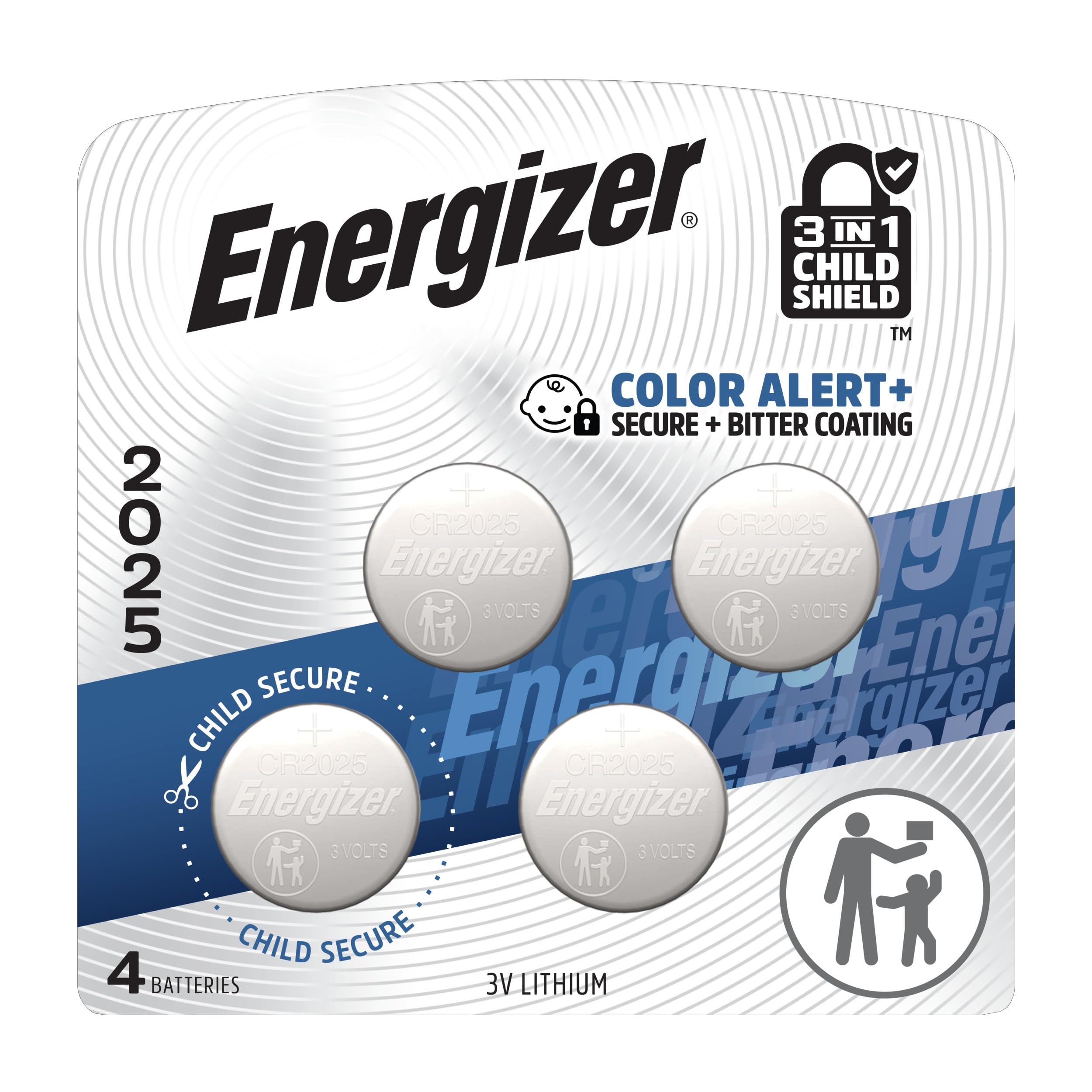 Energizer 2025 Batteries (4 Pack), 3V Lithium Coin Batteries With 3-in-1 Child Shield