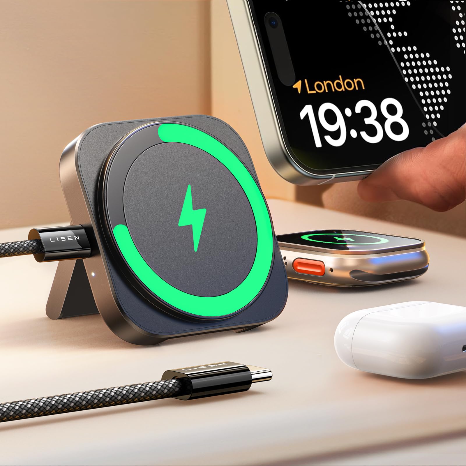 LISEN for MagSafe Charger Stand for iPhone Magnetic Apple Watch Airpods Charging, Minimalist Travel for iPhone Wireless Charger Magnetic MagSafe Accessories Apple 16 Pro Max iwatch Airpods Black