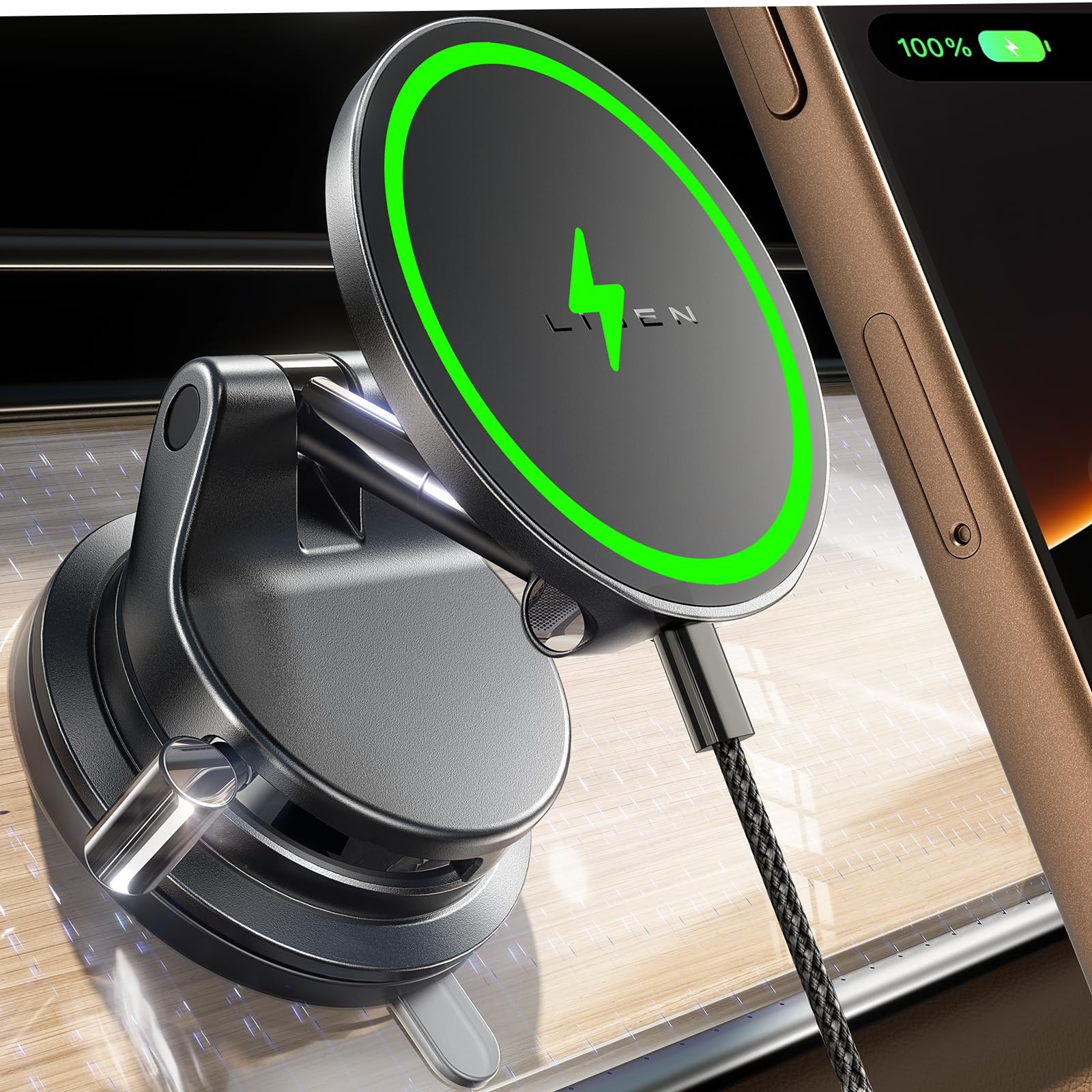 LISEN Suction Cup Phone Mount，[Pro with Charge Function]15W Magsafe Car Mount Charger，[More Portable＆Flexible] 360° Vacuum Magnetic Suction Phone Holder for 17 iPhone 16 15 14 13 12 Pro Max Plus Mini