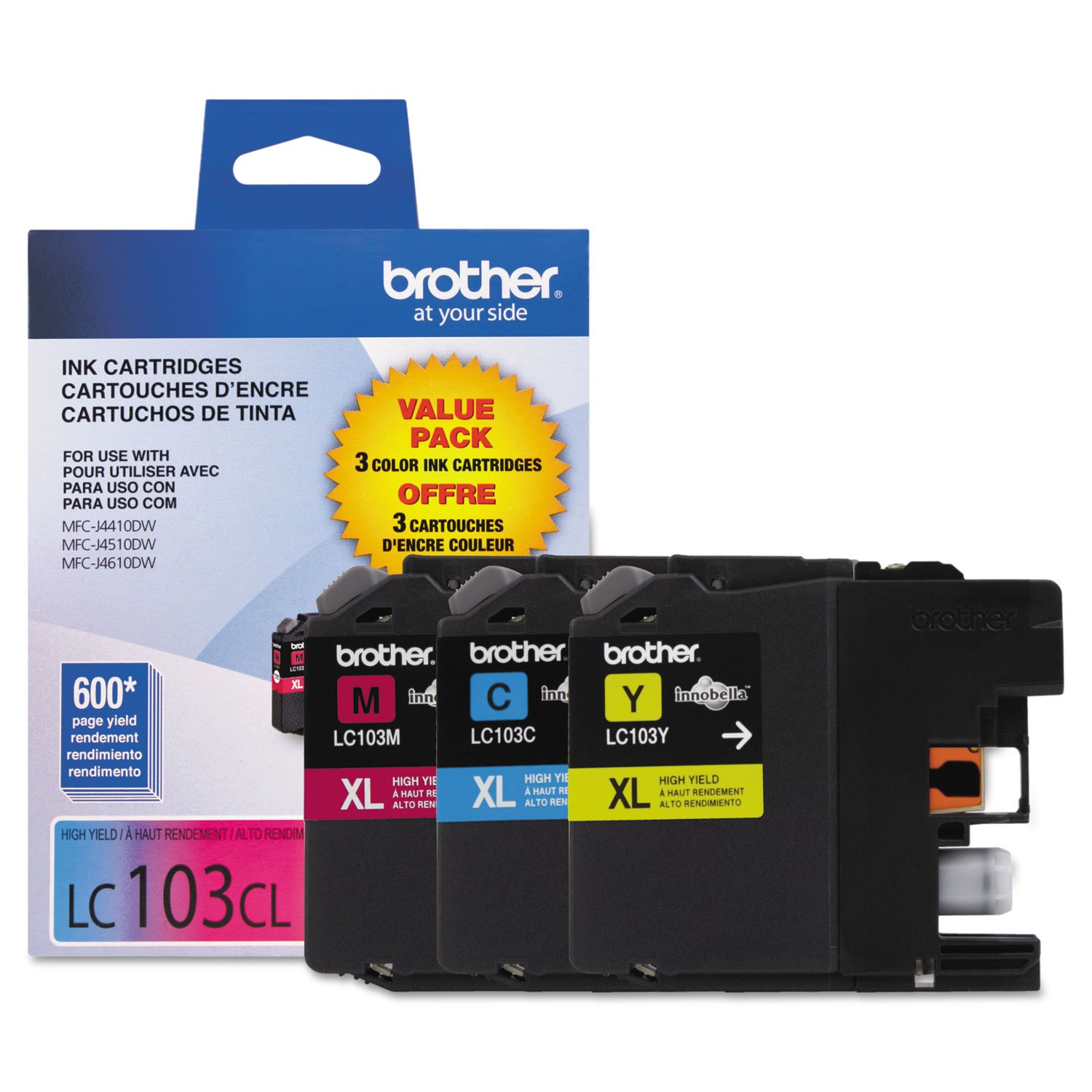 Brother LC1033PKS, LC-103, Innobella High-Yield Ink, 600 Page-Yield, 3/Pack, Cyan-Magenta-Yellow