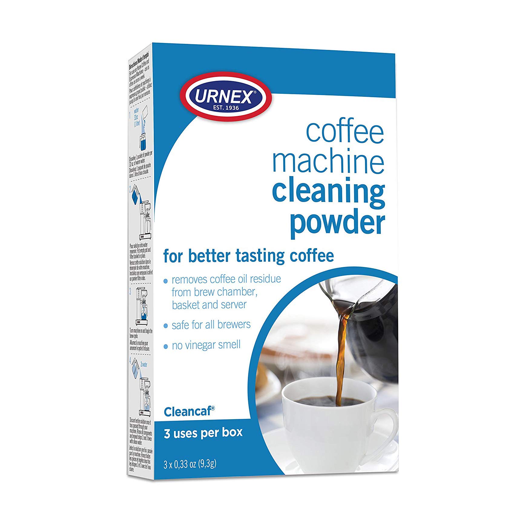 Urnex Coffee Maker and Espresso Machine Cleaner Cleancaf Powder - 3 Packets - Safe On Keurig Delonghi Nespresso Ninja Hamilton Beach Mr Coffee Braun