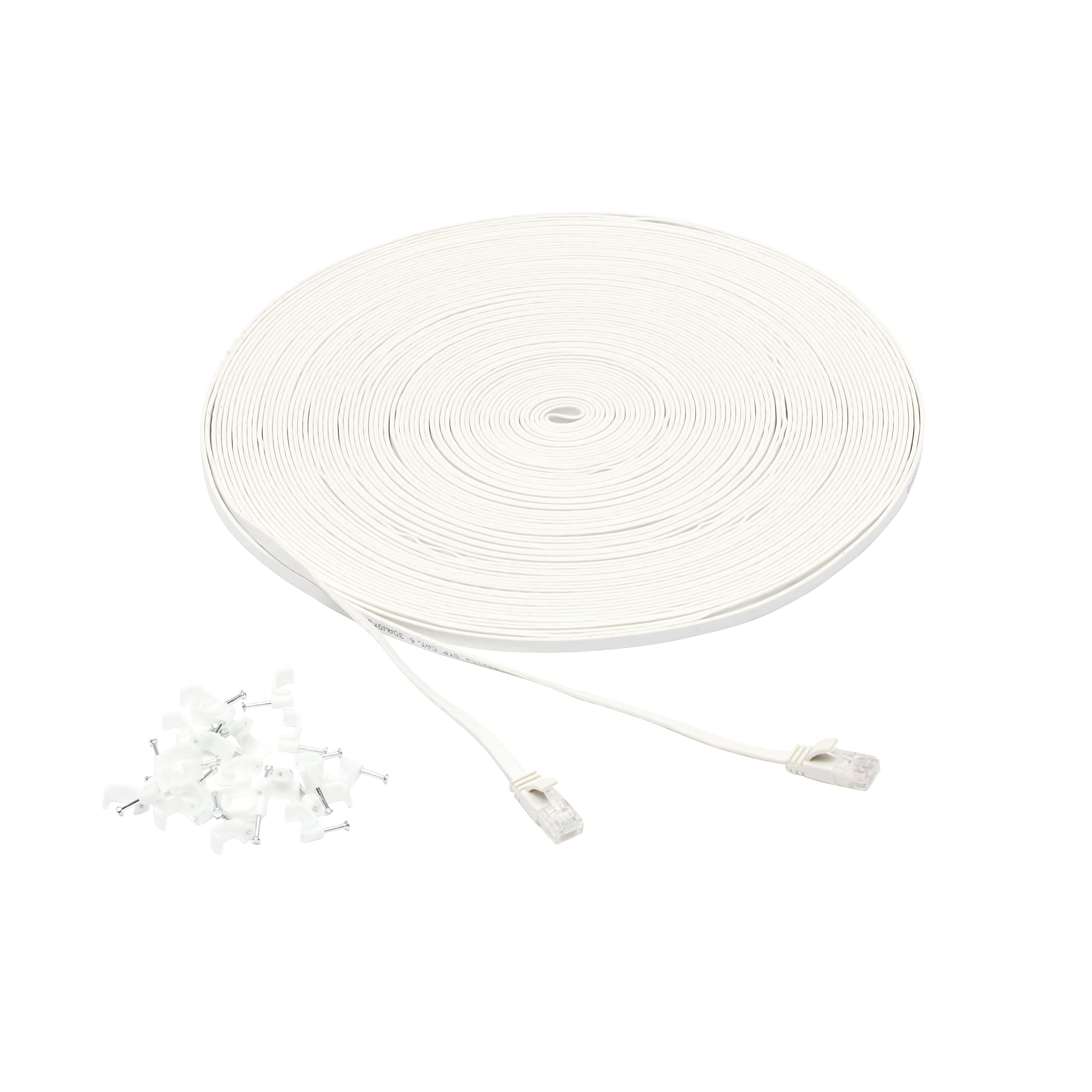 Amazon Basics Cat 6 Ethernet RJ45 10Gbps Flat Cable 100 ft Outdoor&Indoor White Solid Patch Cord with Clips for Router, Modem, PS4/5, Xbox, Gaming, Computer Network for High Speed LAN Internet