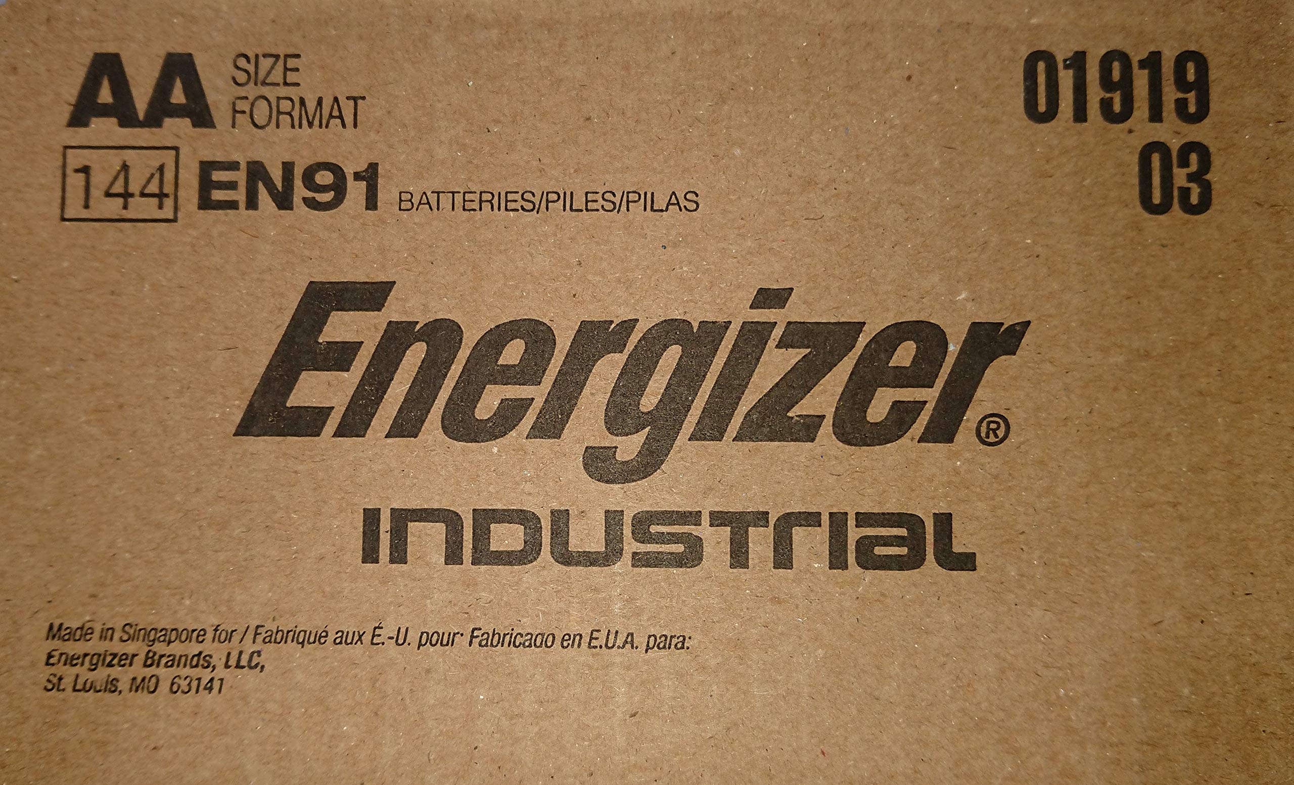 Energizer EN91 Industrial Alkaline Batteries, AA (Box of 144 Batteries) - Made in The USA or Singapore