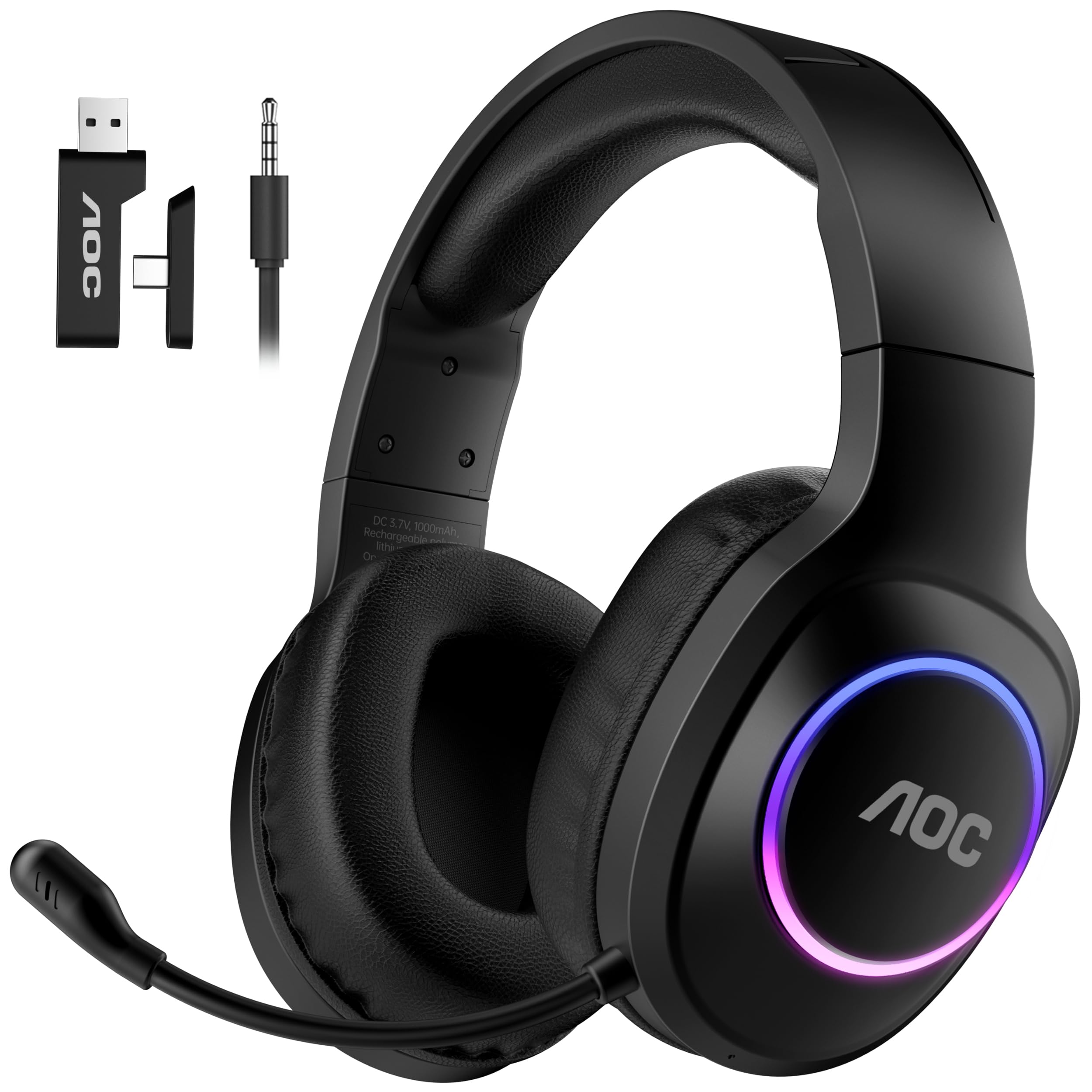 AOC Wireless Gaming Headset for PS5, PS4, Nintendo Switch, PC, Bluetooth 5.4 & 2.4GHz Gaming Headphones with Noise Canceling Mic, RGB, Type-C, 20ms Latency, 45H, 7.1 Virtual Surround- Black